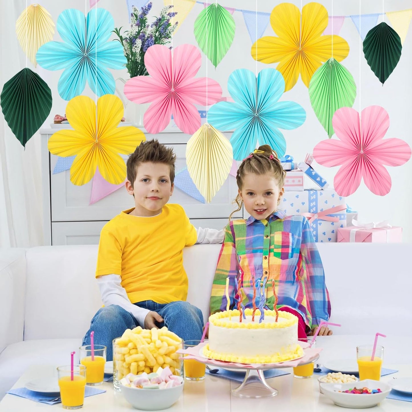 ADLKGG Paper Flowers Leaves Fan Party Decorations, Hanging Flower Wall Backdrop for Classroom Decor, Spring Party Decorations, Wedding, Tropical Jungle Forest Birthday, Fiesta Party, 12pcs