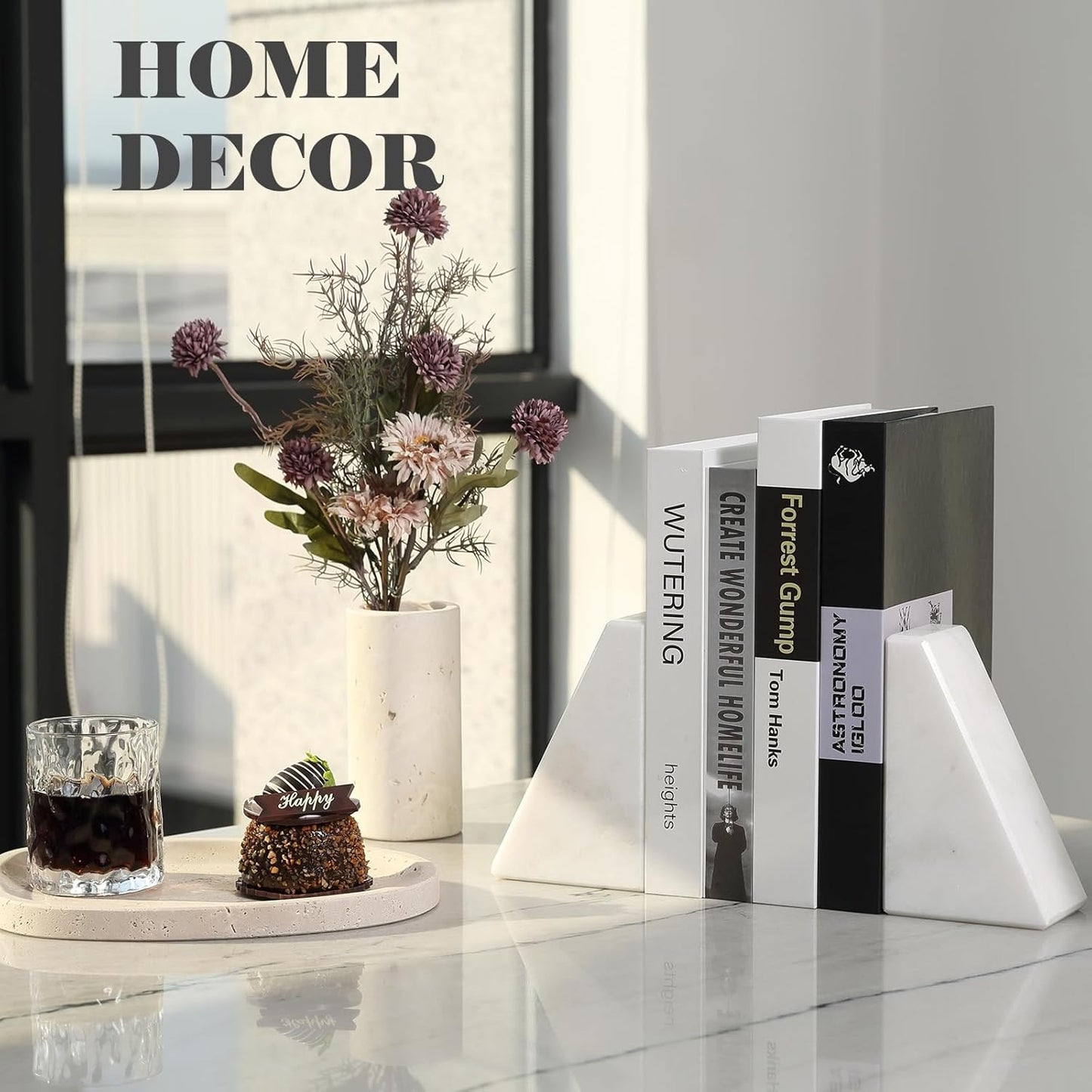 Marble Book Ends Decorative, Unique Bookends for Shelves, White Stone Bookends Holds Heavy Books, Weighted Book Holder Stopper for Home Office Desk Bookshelf Decoration, Set of 2