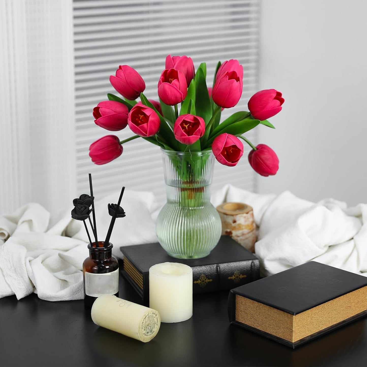 Rose Red Artificial Tulips, 2 Bundles 14Pcs, Fake Tulips Artificial Flowers, 2 x 2.4 Inch Large Flower Head Big Tulip, Easter Valentine's Day Mother's Day Home Decoration Flowers