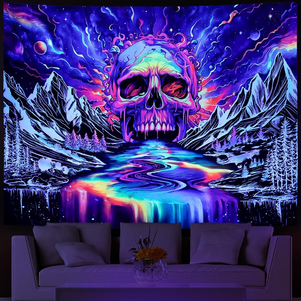 Blacklight Skull Tapestr UV Reactive Galaxy Mountain Planet Tapestries Magic Neon River Wall Hanging Aesthetic Skeleton Wall Decor Forest Trees Landscape Backdrop for Living Room