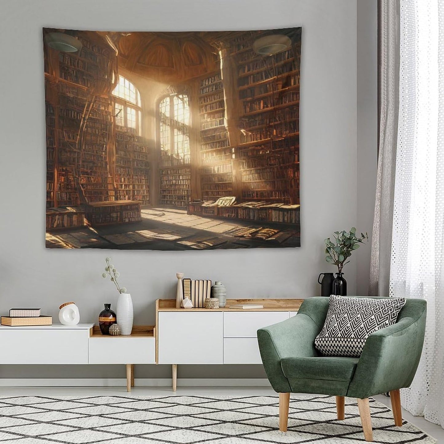 Kurtect Retro Bookshelf Tapestry,Medieval Mid Century Library Building Pattern Print Tapestries for Party Beach Picnic Blankets Tablecloths Living Room Wall Deocr, 50x60 in