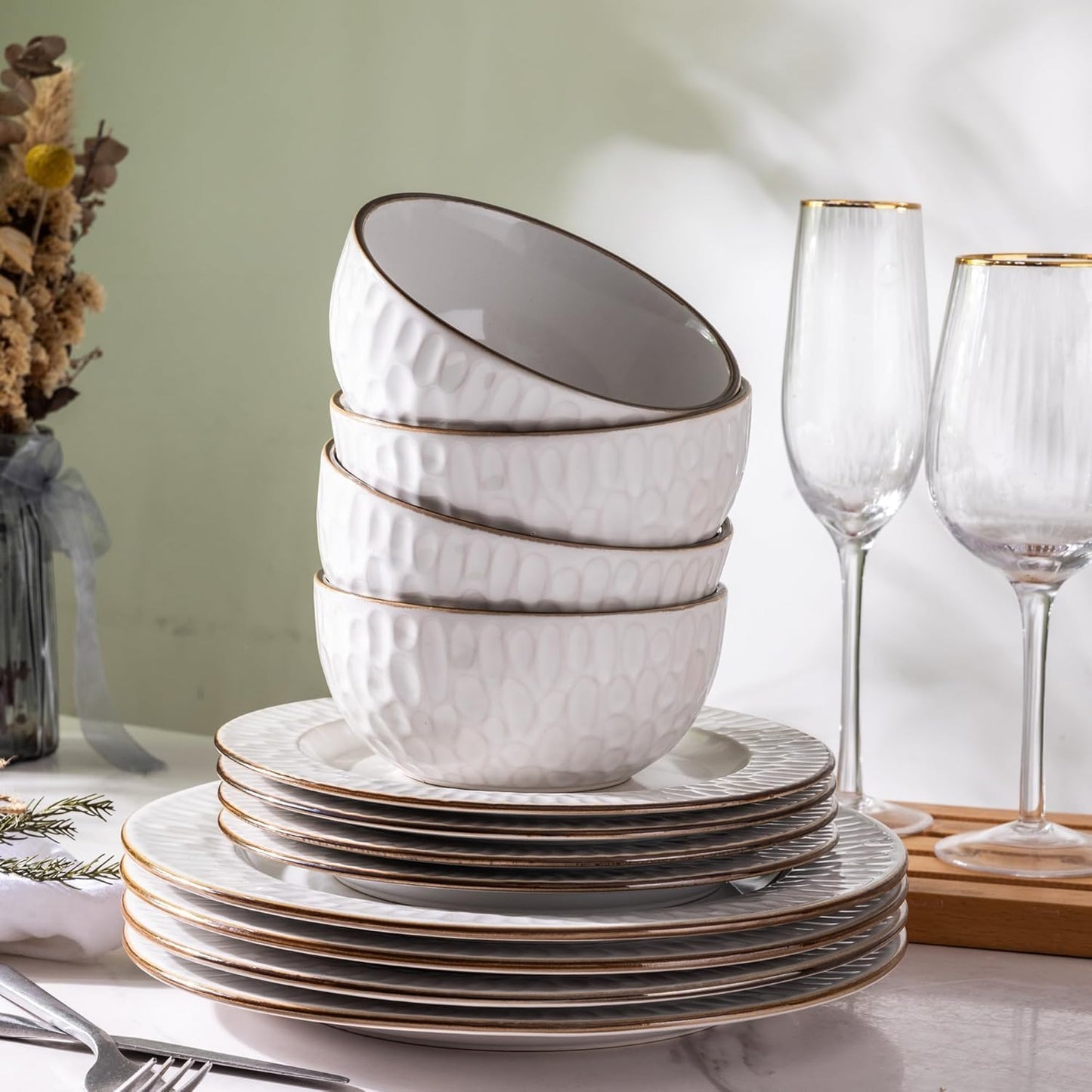 GBHOME Ceramic Dinnerware Sets, 24 pcs Embossed Elegant Stoneware Plates and Bowls Sets, Housewarming Wedding Gift | Dishwasher & Microwave Safe | Dishes Set Service for 8