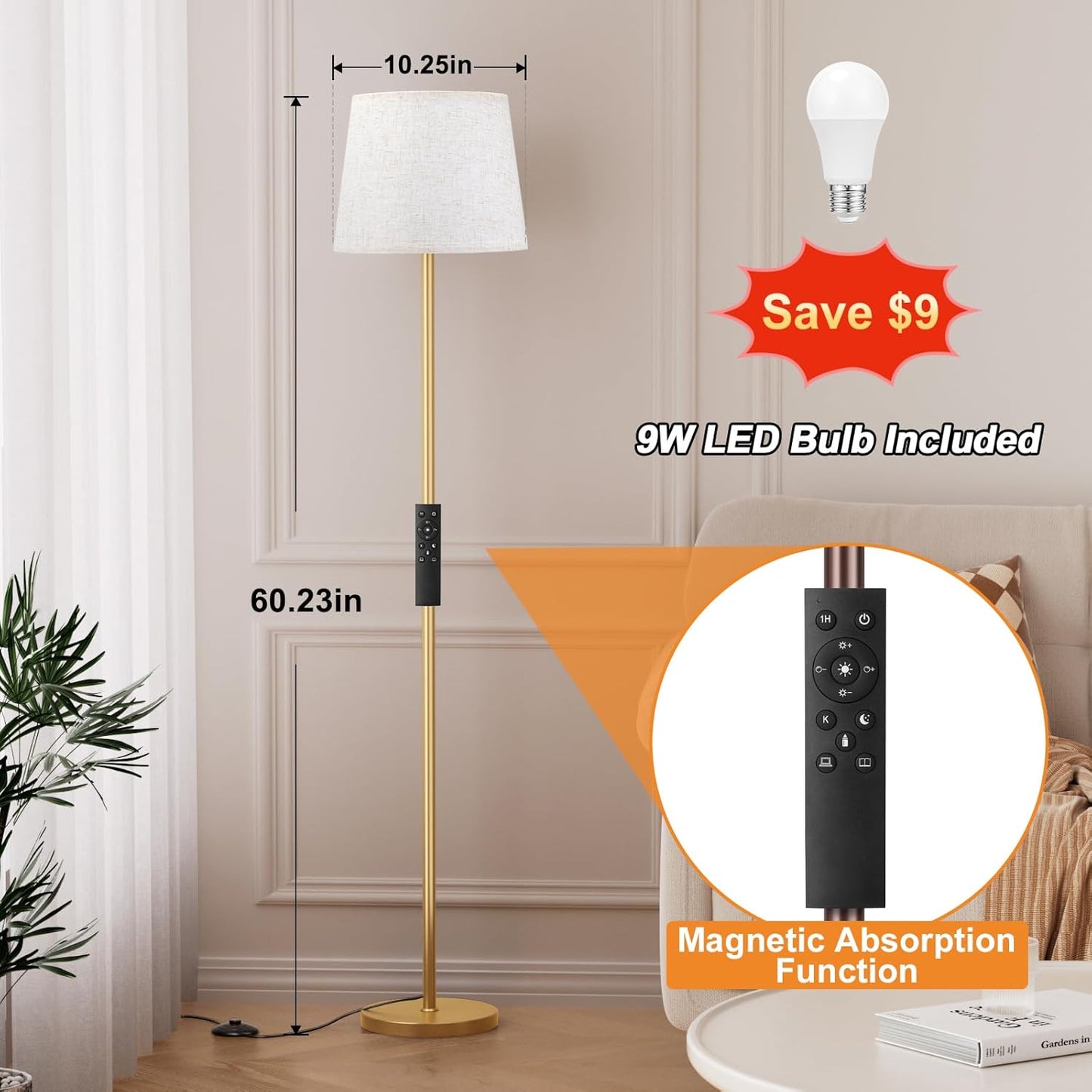 【Upgraded Floor Lamps for Living Room, Modern Floor Lamp with Remote Control, Dimmable Colors Temperature Standing Lamp Foot Switch, 9W Bulb Tall Lamps for Bedroom Office Kid Room - Gold
