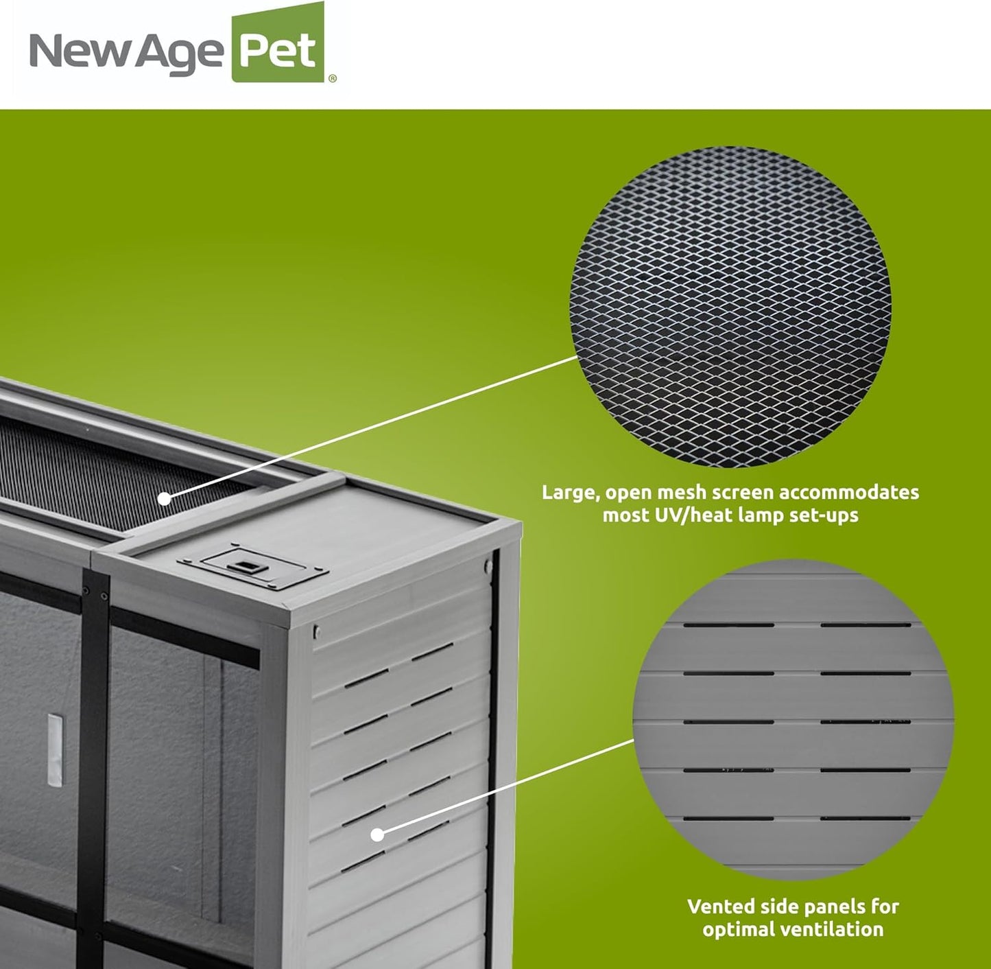 New Age Pet ECOFLEX 60-Inch Mojave Reptile Lounge in Grey- Durable, Moisture-Resistant Wood Plastic Composite Habitat with Vented Side Panels, Removable Sliding Glass Doors & Lock