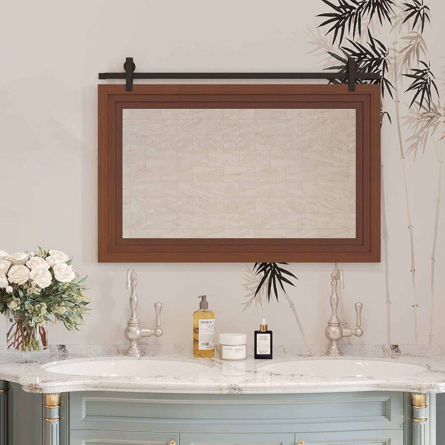 ALBAD Farmhouse Wood Framed Wall Mirror, Natural Wood and Framed Wall Mounted Bathroom Vanity Mirror for Farmhouse Decor, Vertical or Horizontal Hanging