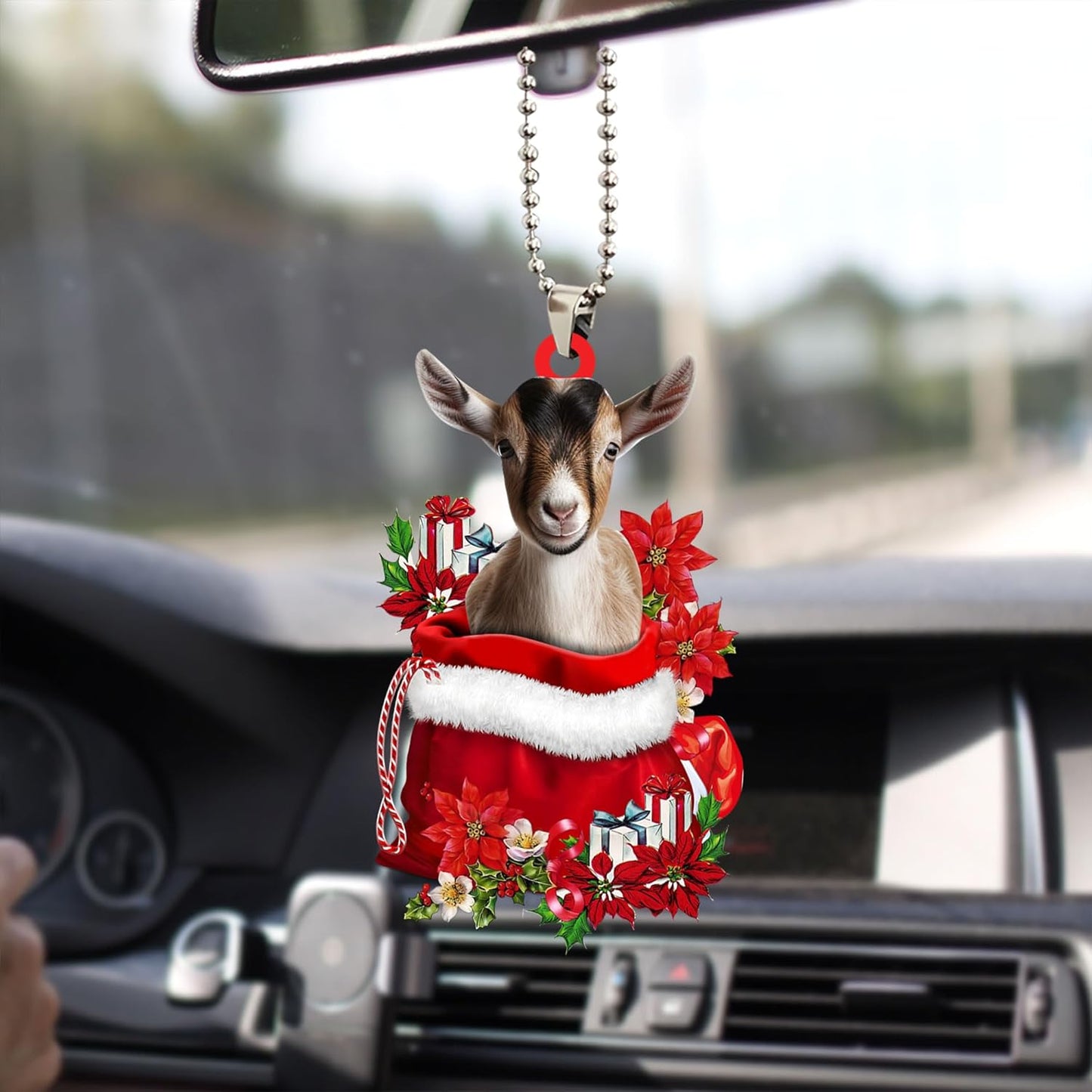 Talataca Goat 2D Flat Christmas Ornament, Goat in Red Santa Gift Bag Pine Tree Decor, Hanging House Charm Eve Keepsake, Car Rear View Mirror Accessories, Xmas Gift