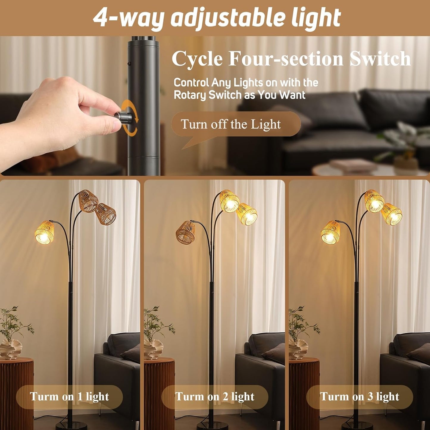 Rattan Floor Lamp for Living Room, 72 Inch Tall Boho Floor Lamp with Rotary Switch, 3 Light Arc lamp with Wicker Shade for Coastal,Bohemian,Rustic,Beach Tree,Farmhouse Standing Lamp