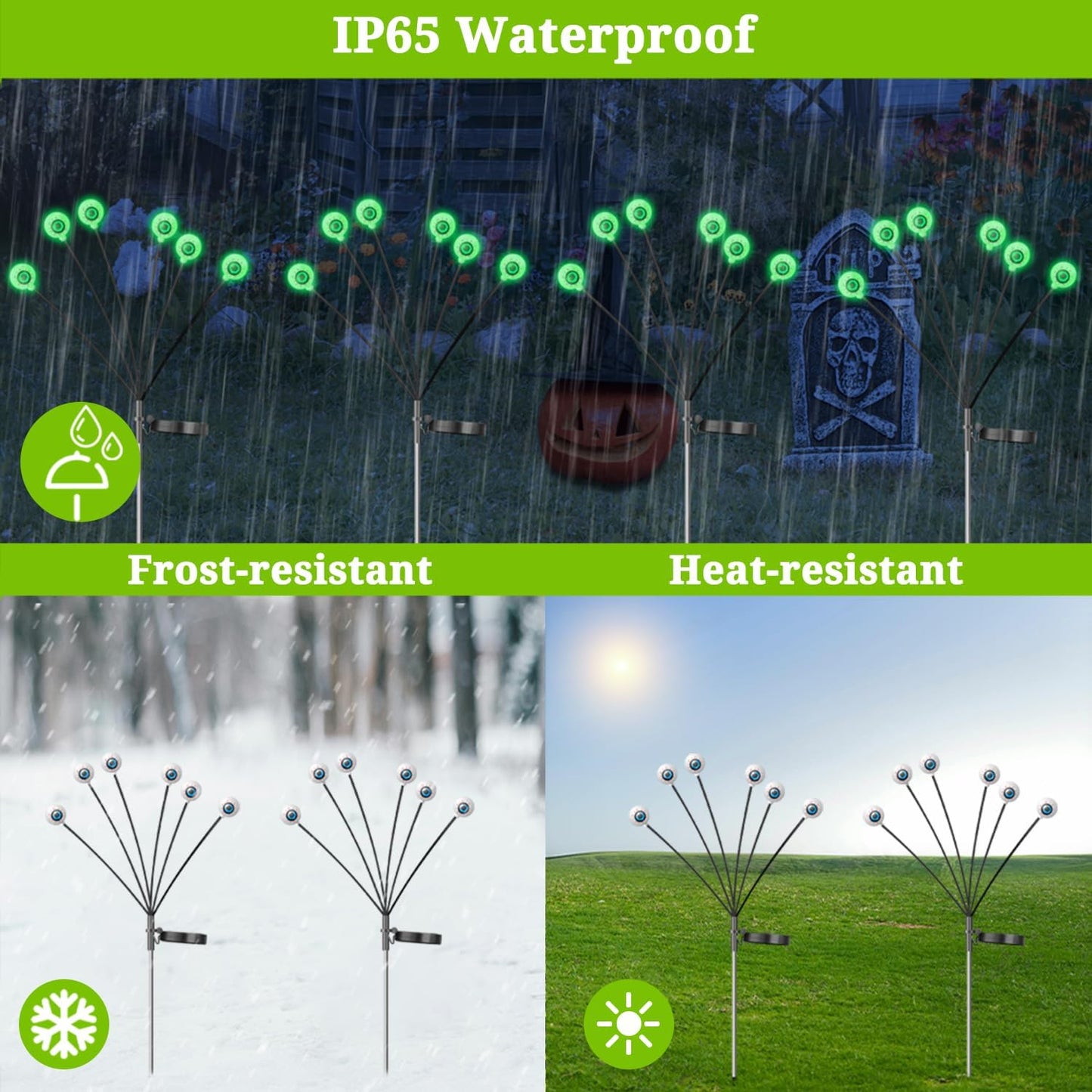 VOTTGO Halloween Solar Lights Outdoor, 8 Pack 48LED Scary Solar Eyeball Pathway Lights, 2 Modes Waterproof Swaying Solar Firefly Lights for Garden Yard Pathway Halloween Decorations, Green