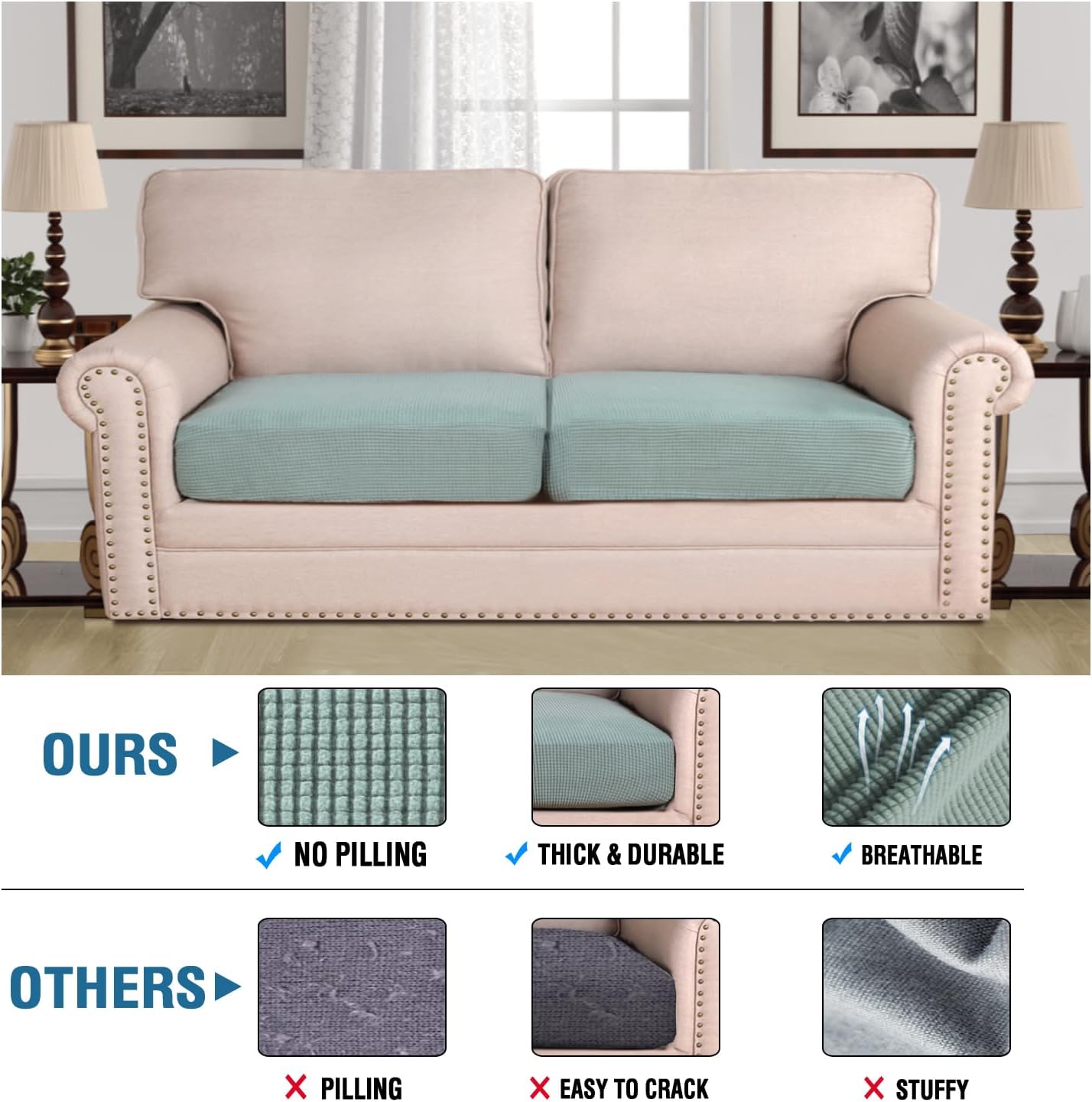 H.VERSAILTEX Super Stretch Individual Seat Cushion Covers Sofa Covers Couch Sets Slipcover Thick Jacquard Textured Twill Fabric (2 Piece Large Sofa Cushion Covers, Sage)