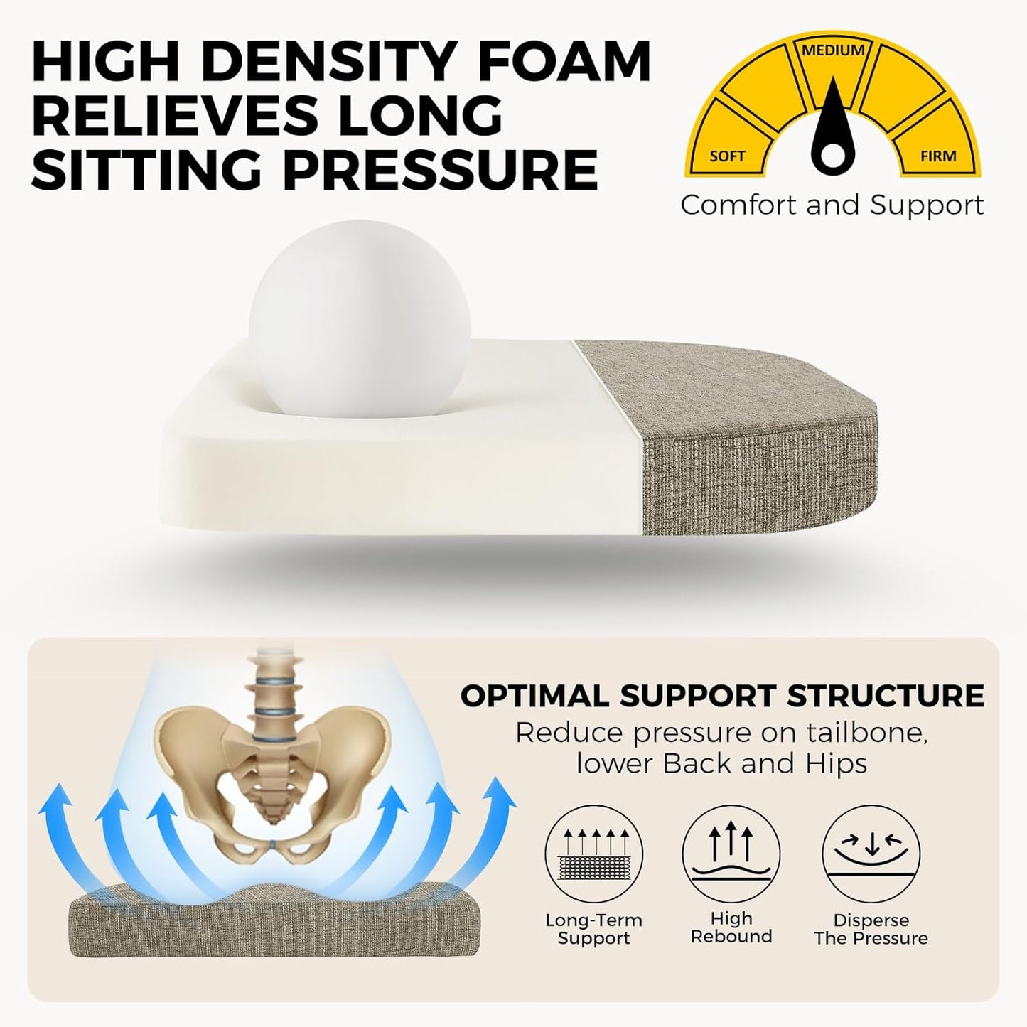 downluxe Indoor Chair Cushions for Dining Chairs, Soft and Comfortable Textured Foam Kitchen Chair Pads with Ties and Non-Slip Backing, 16" x 16" x 2", Khaki, 2 Pack