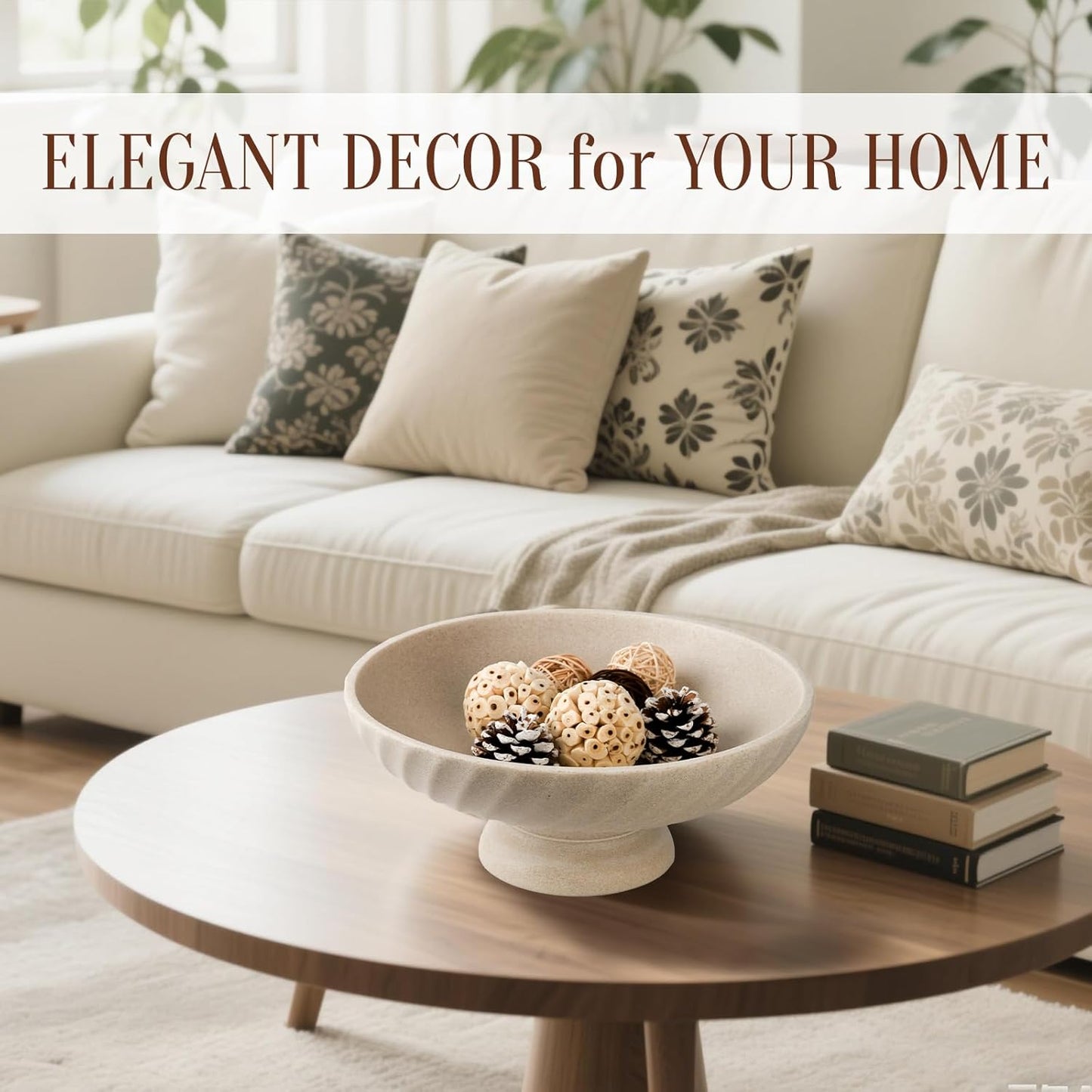 Large Resin Pedestal Decorative Bowl - Modern Fruit Bowl for Kitchen Counter - Handicraft Bowls for Home Decor - Key Bowl for Entry Table,Artificial Stone Beige