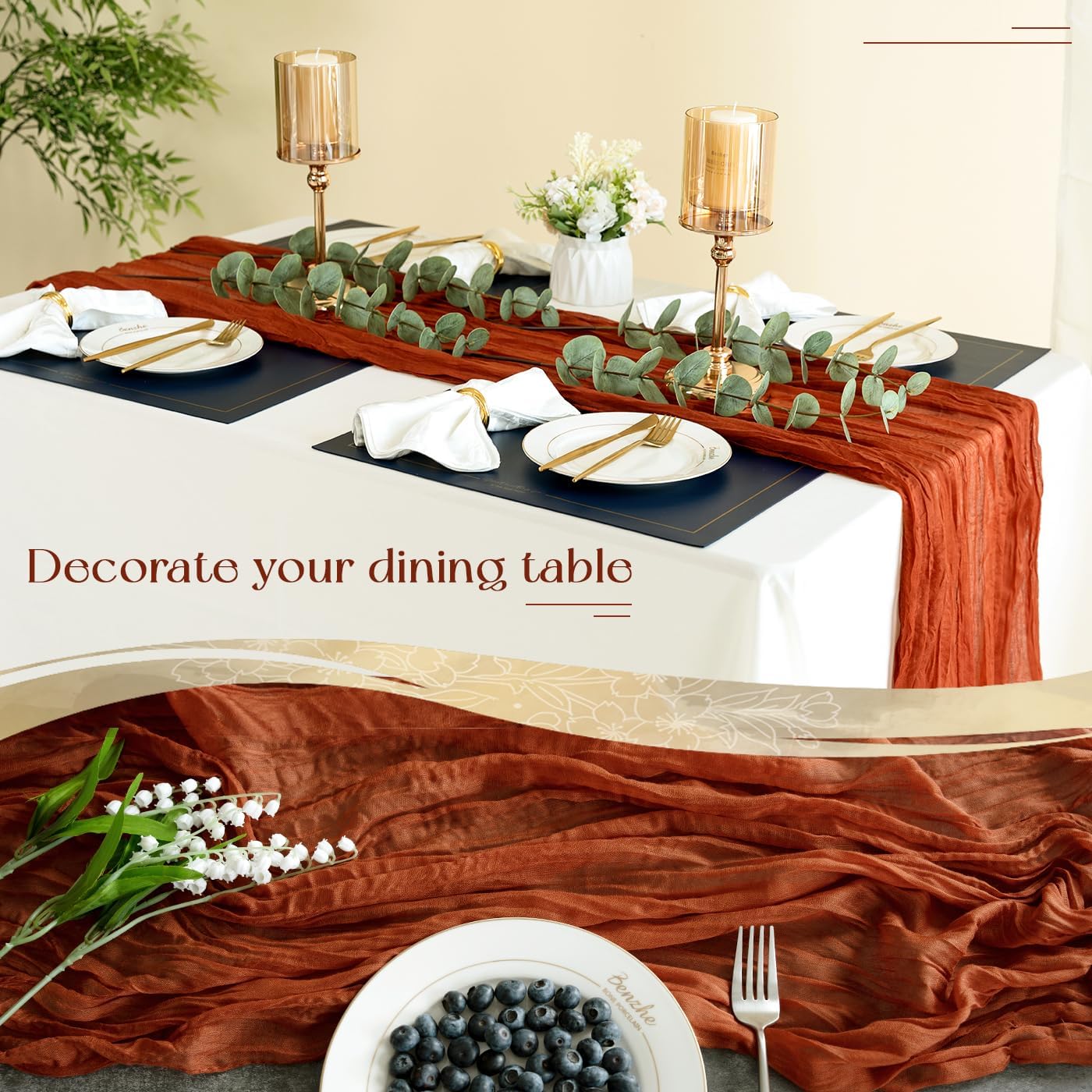 Sioloc Terracotta Table Cloth Cheesecloth Table Runner 10ft Rustic for Tea Wedding Party Baby Bridal Centerpiece Fall Decor for Home Halloween Thanksgiving