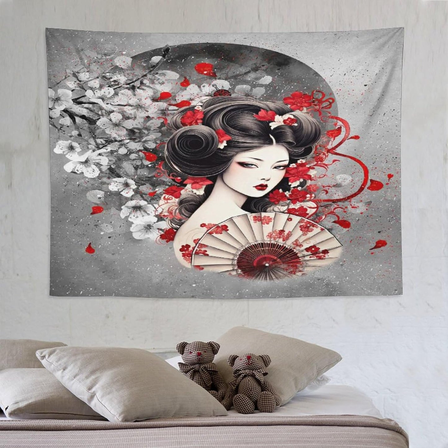 Japanese Geisha Tapestry Asian Red Cherry Blossom Red Sun Traditional Kimono Folk Tapestries Home Decor for Living Room Bedroom Apartment Farmhouse Dorm 80"x60"