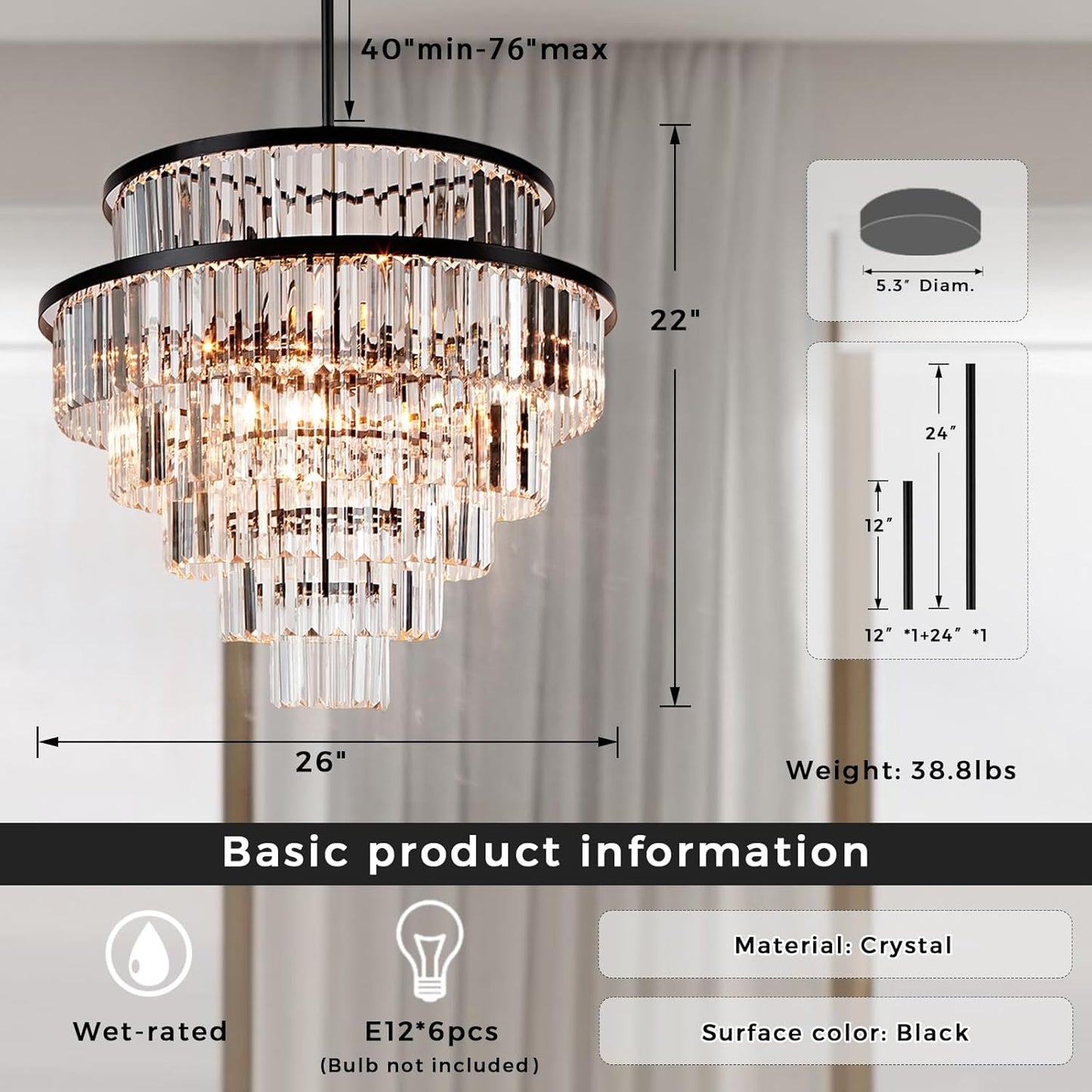 Luxury 6-Tier Round K9 Crystal Chandelier, Black Finish 26 Inch Diam Ceiling Light, Classic Elegant Chandelier with Crystal Piece, Lighting Fixture for Hallway, Bedroom, Living Room
