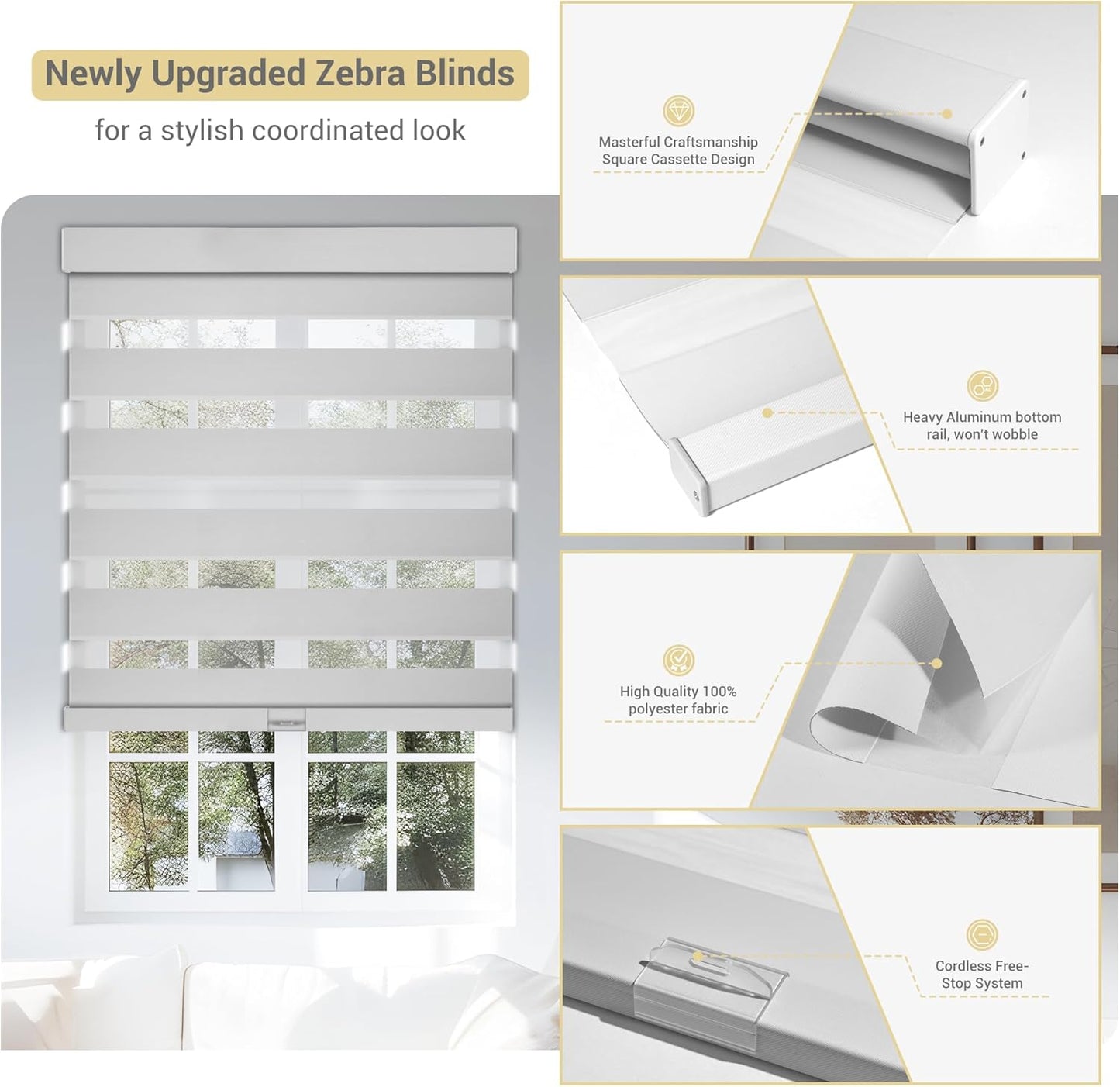 Cordless Zebra Blinds for Windows, Blackout Interior Blinds,Easy to Install,UV Protection,for Offices and Home,Custom Roller Shades, Solid White, 87" W x 88" H