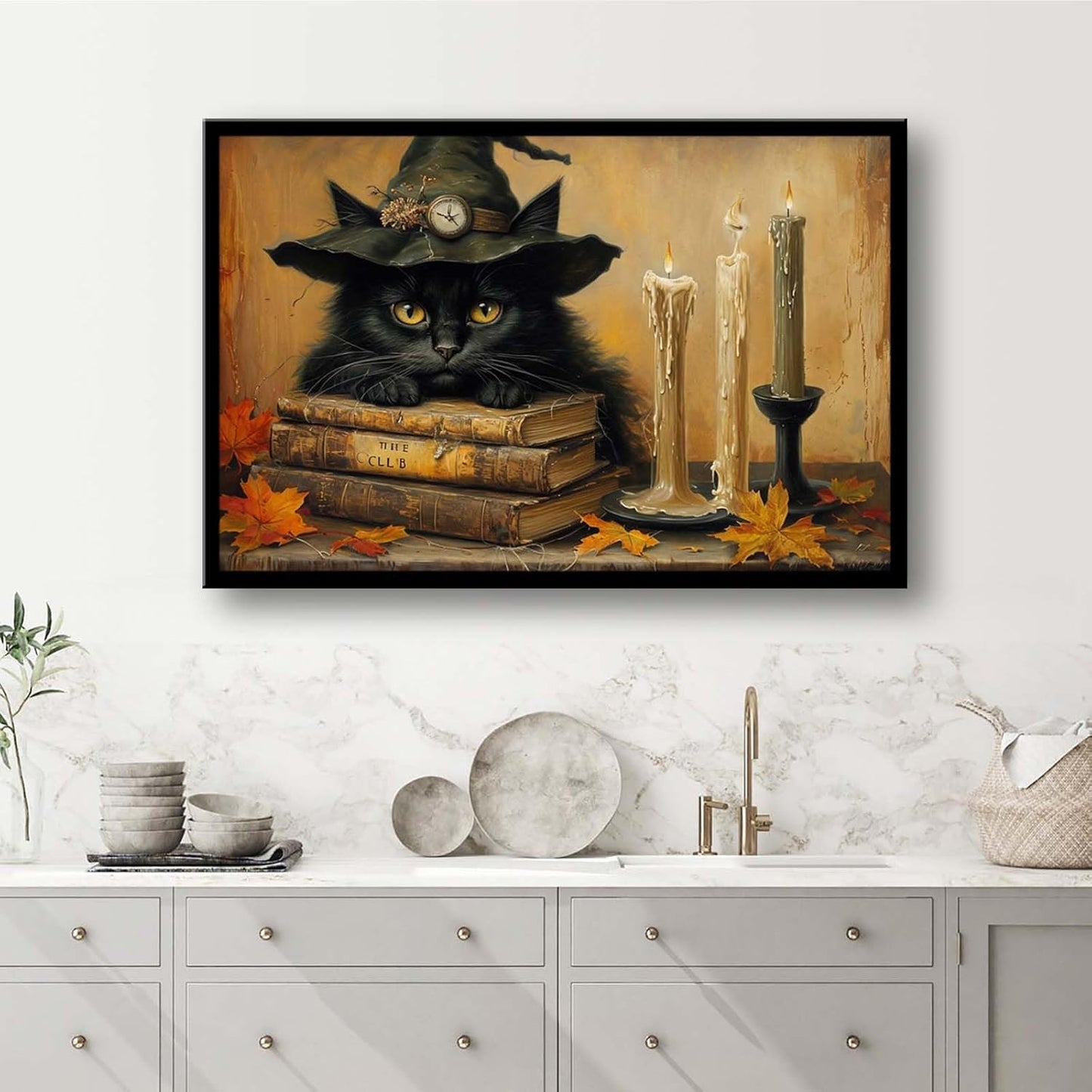 JFHCQJPK Vintage Halloween wall decoration black cat and magic book suitable for home bedroom living room decoration dark classic art witch wall decoration20x30in Metal blackFramed