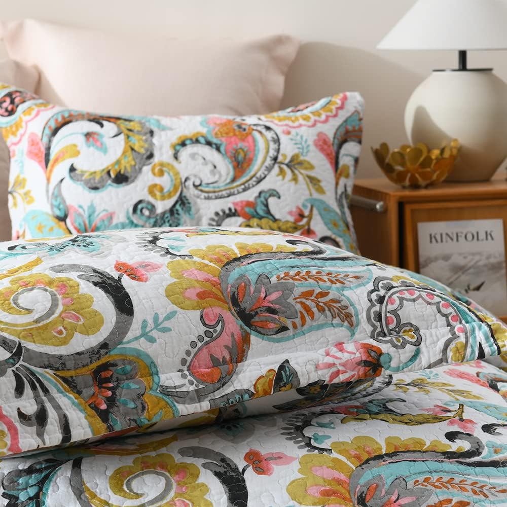 Autumn Dream Cotton Bedspread Quilt Sets, 3 Pieces Reversible Comforter Coverlet Sets,White Floral Paisley,King Size