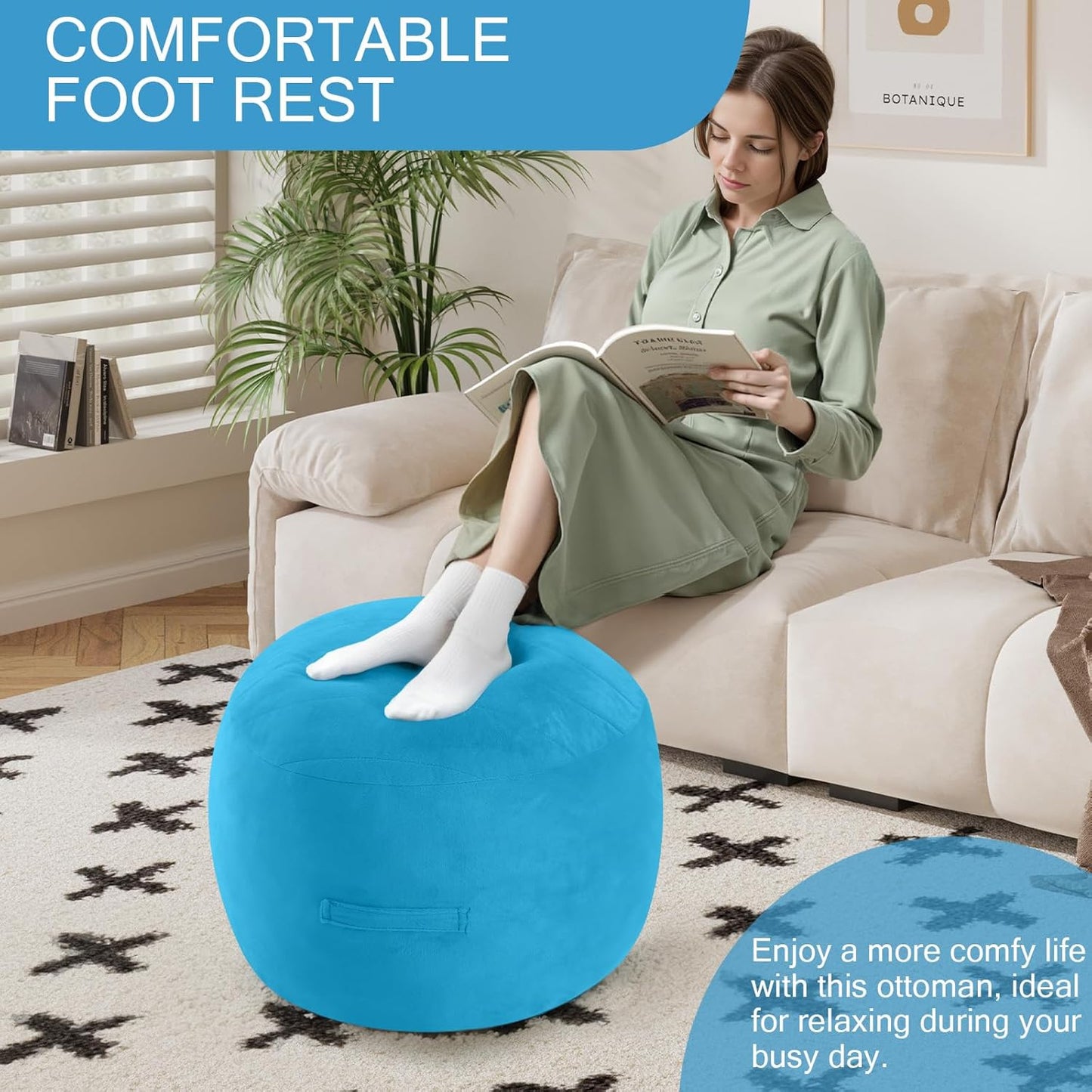 MeMoreCool Round Stuffed Pouf Ottoman Foot Rest, Floor Pouf Foot Stool with Soft Foam Chunk Filling, Small Round Ottoman Footstool Circle Footrest for Living Room, Blue