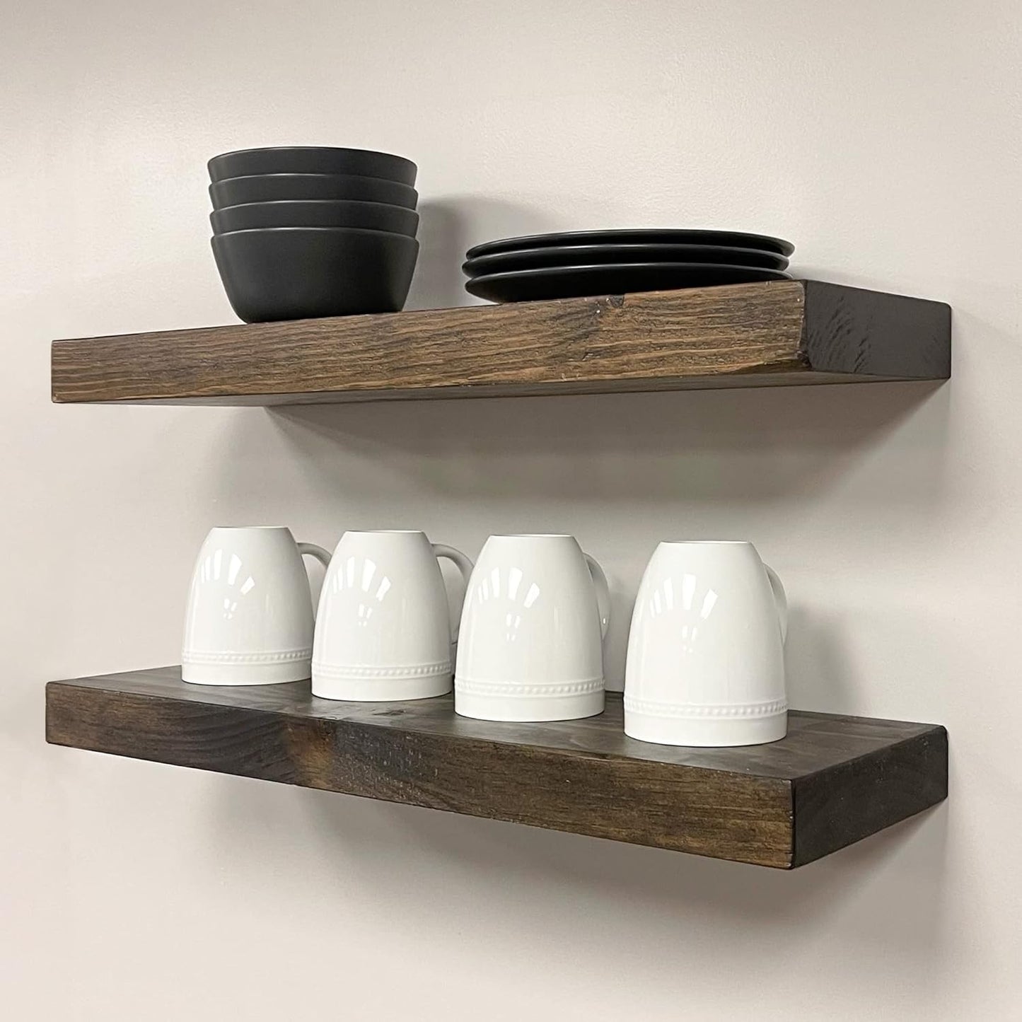 URBANDI, Rustic Floating Shelves, Set of 2, Hidden Bracket, Solid Wood, Heavy Duty, Wall Mounted Shelves, (Dark Brown, 48Wx8D)