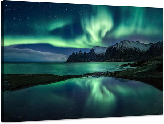 Aurora Borealis Wall Art Painting for Office Bedroom Scenery Landscape Canvas Print Framed Picture Northern Lights Poster Artwork Ready to Hang (20.00"x30.00")