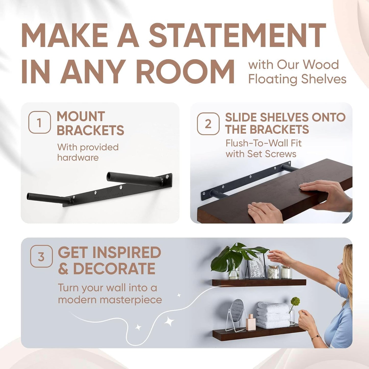 Homeforia 24inch Walnut Floating Shelves for Wall, High End Solid Real Wood 24in Floating Shelf for Bathroom, Dark Brown 24 inch Long Floating Shelves, Heavy Duty Bracket, 24 X 6.5 X 1.75 in, Set of 4