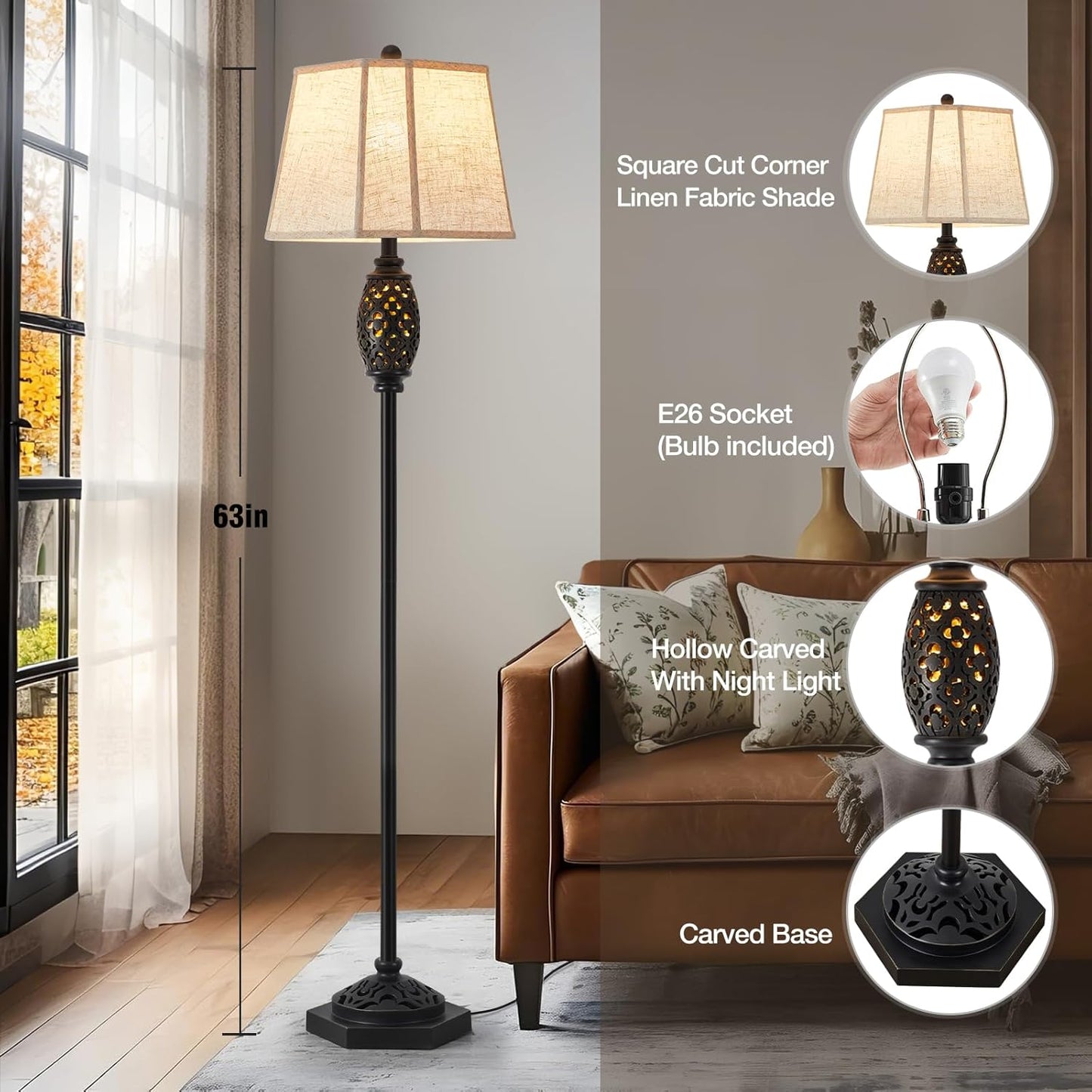 Luvkczc Vintage Floor Lamp with Cutout Design & Glowing Light - Resin Elegant Standing Lamp for Living Room, Bedroom, Office (Includes Bulb)