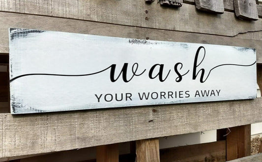 Farmhouse Bathroom Sign, Wash Your Worries Away, Rustic Wooden Bathroom Wall Art Decor, Inspirational Signs Bath Wall Hanging Art Home Decor (Wash) 6x18 Inch