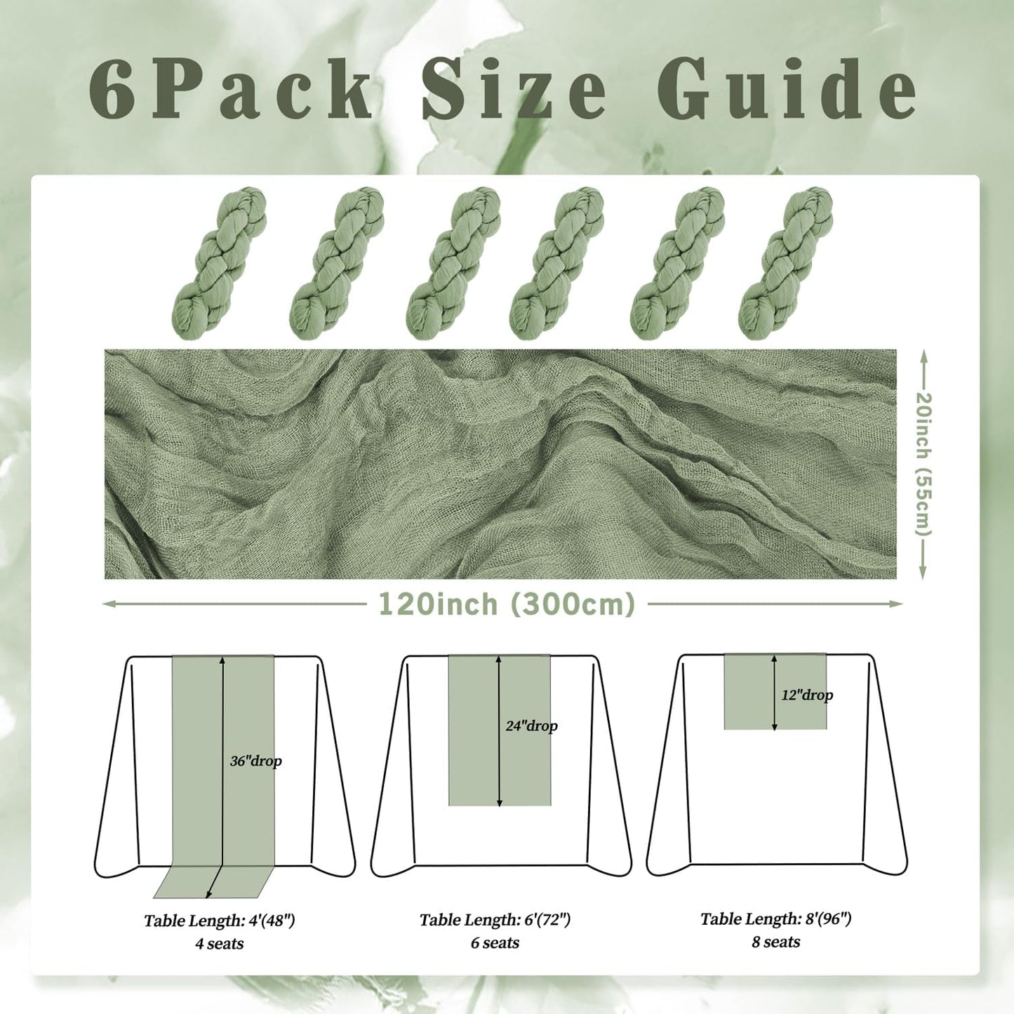6 Pack Sage Green Cheesecloth Table Runner 10FT Rustic Gauze Fabric Cheese Cloth Table Runner for Wedding Bridal Baby Shower Table Decor 20 x 120 Inch Long Boho Sheer Birthday Party Table Decorations