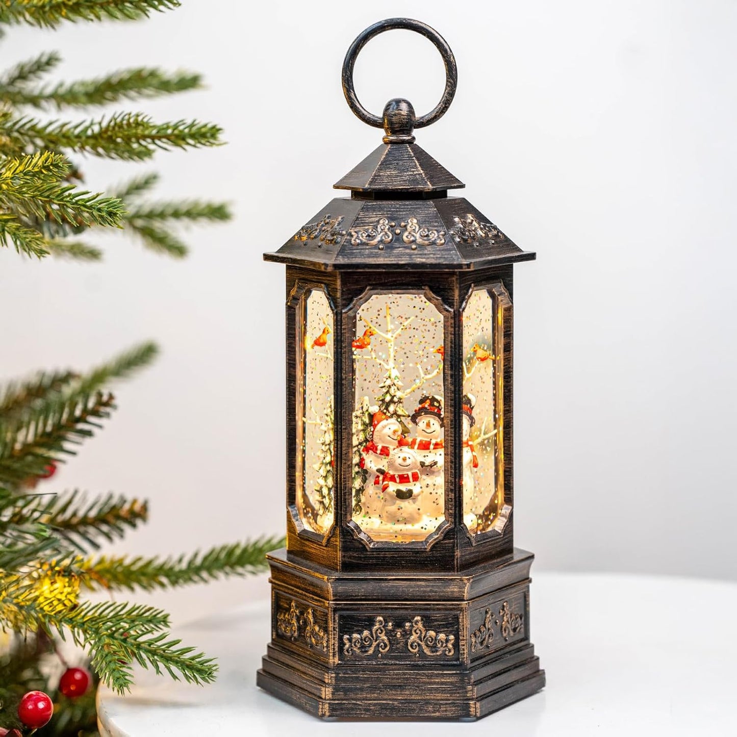 Christmas Snow Globe Swirling Glittering Snowman Choir & Cardinal with Music & Timer, USB Lined/Battery Operated Lighted Water Lantern for Christmas Festival Decoration Gifts