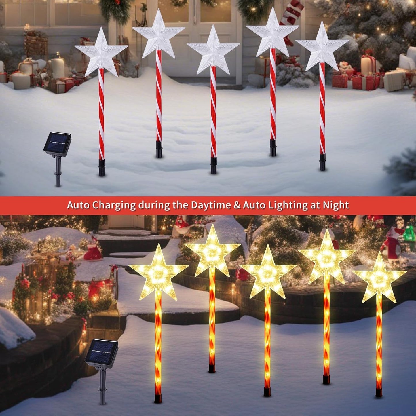Christmas Solar Pathway Lights Outdoor Decorations, Modes Star Candy Lights Waterproof Led Garden Stake Light for Walkway Yard Lawn Porch Holiday Decor 5-Pack (Red Tube Star, 5 Pack)