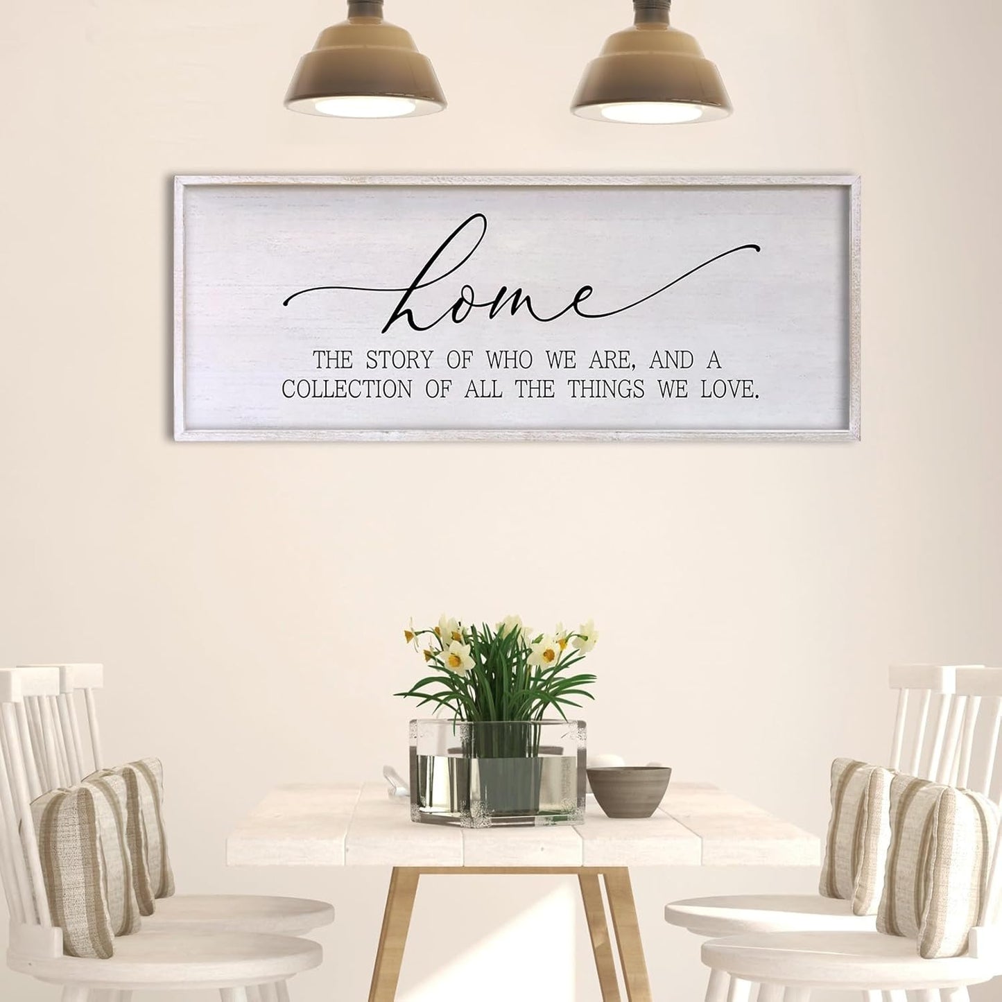 Home The Story of Who We Are Sign Farmhouse Family Wall Decor 32x12 Inch Plaque Wood Framed Art for Hanging (White)