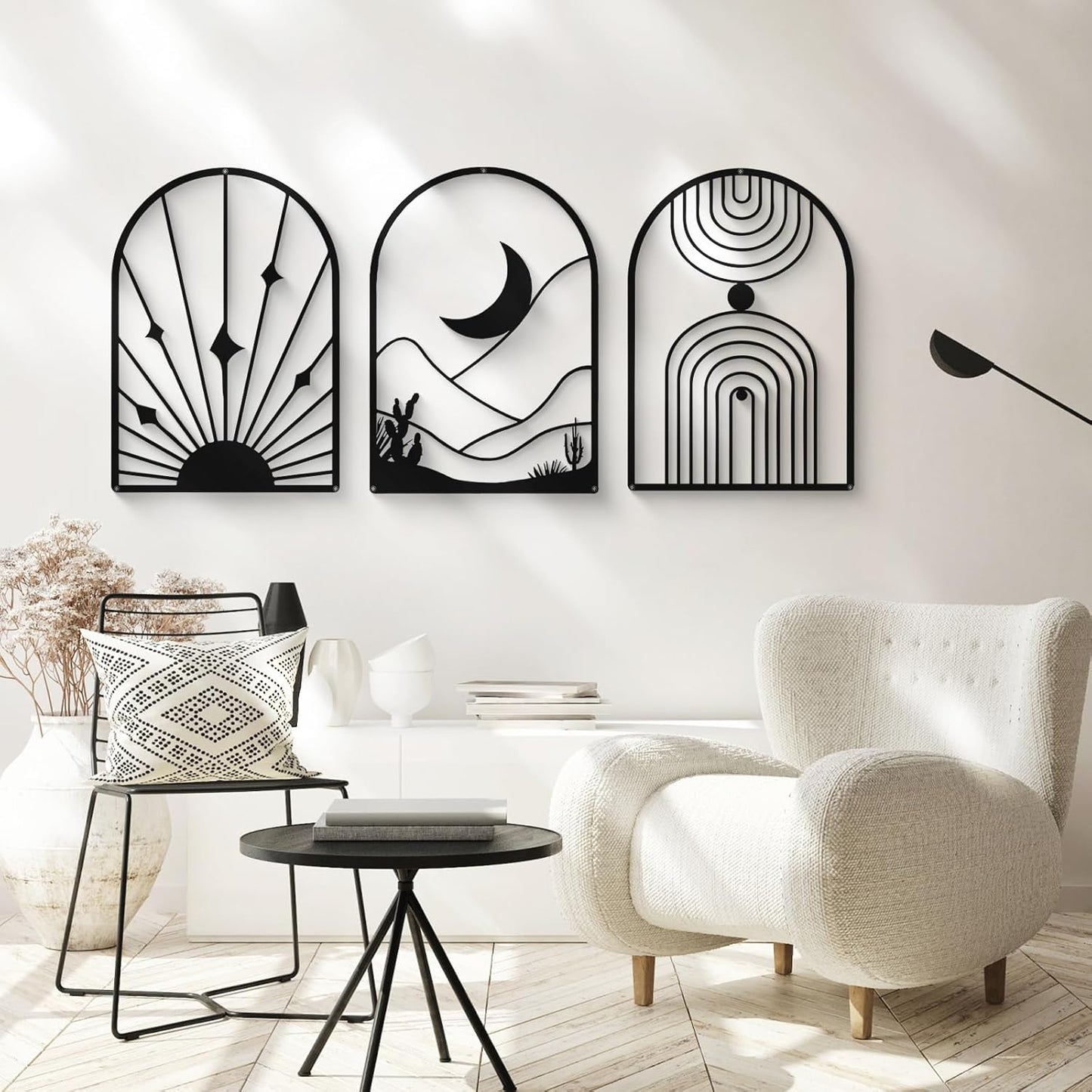 Glamativity 4 Pack Black Abstract Metal Wall Art, Minimalist Décor Single Line Art Wall Décor, 3D Textured Metal Wall Sculptures, for Living Room Bedroom Bathroom Study Room (Black Boho, L Size 22.5 x 15.7'')