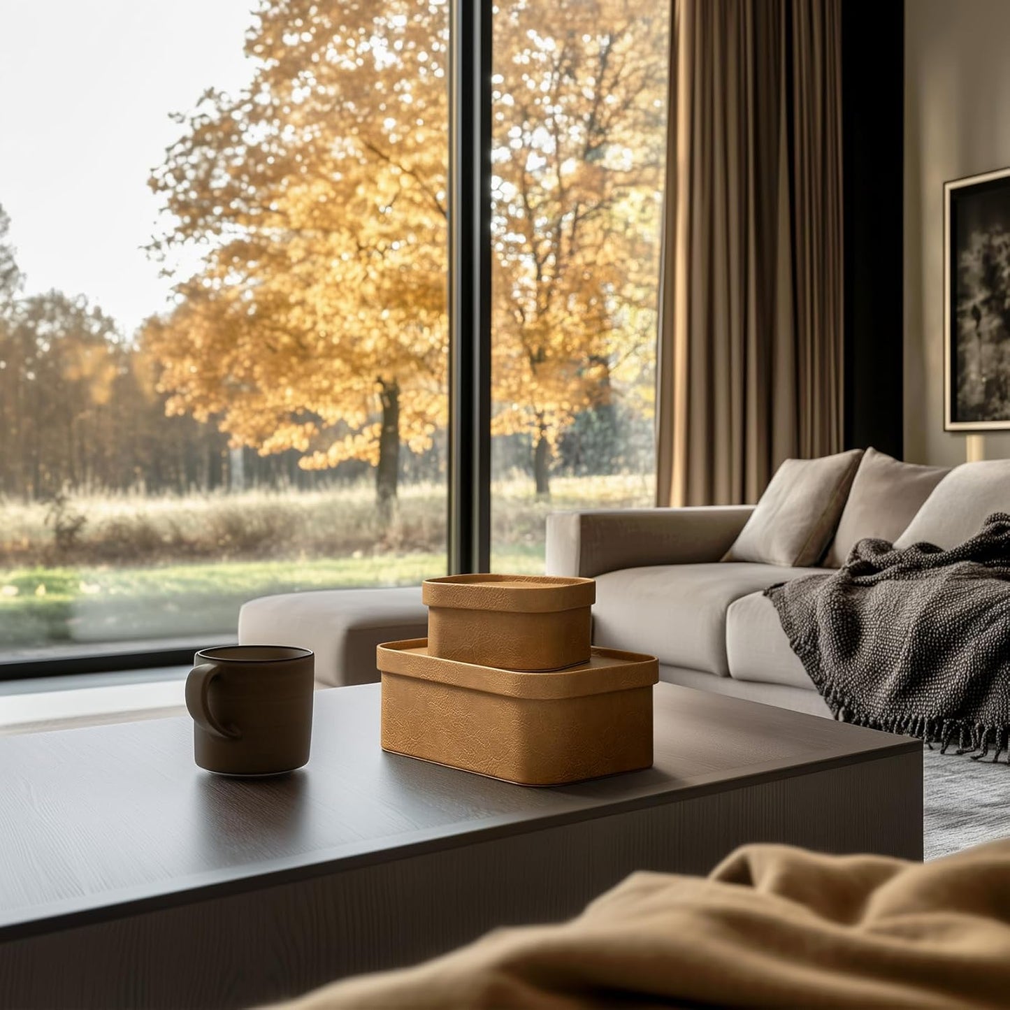 La Jolie Maison Vegan Leather Storage Boxes with Lids, Set of 3 Decorative Storage Containers Organize Stackable Storage Box, Camel