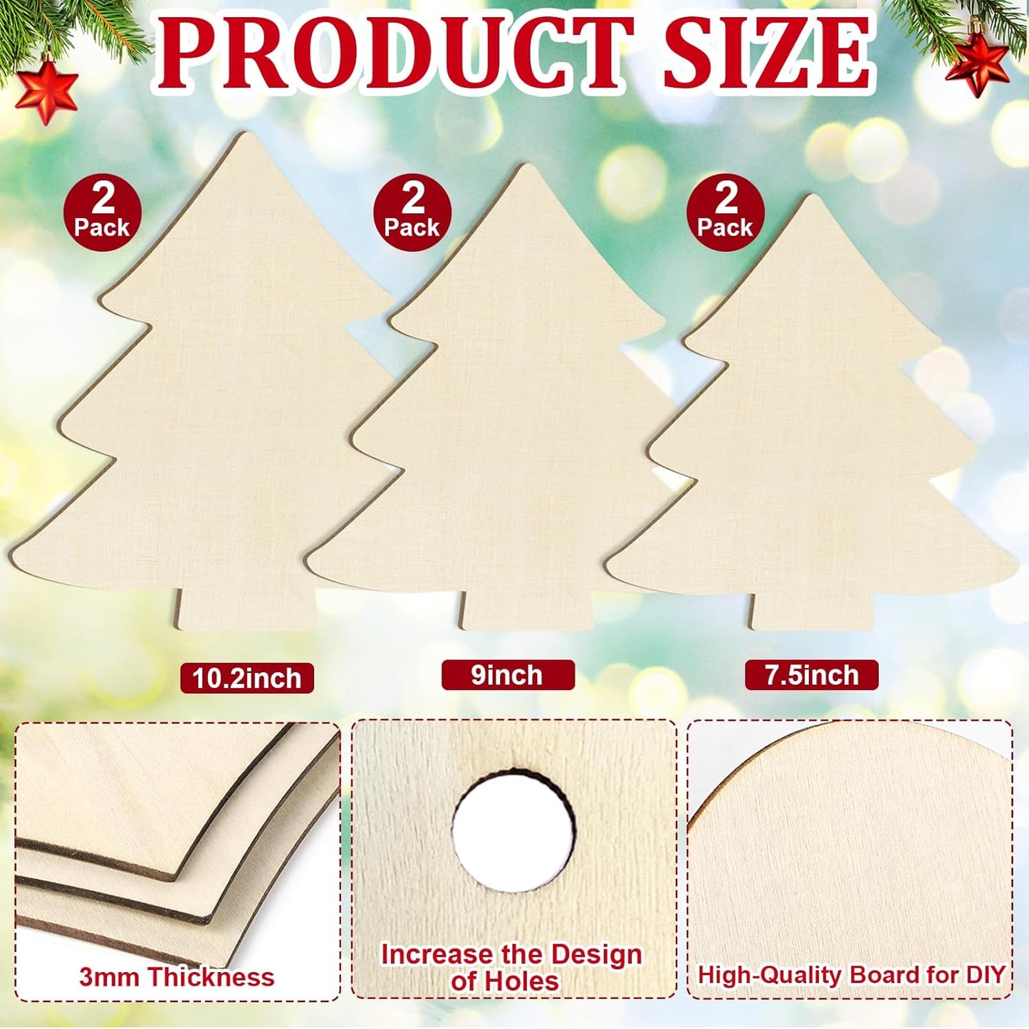 Wooden Christmastree Ornaments for Paint Christmas Decorations Cutouts Unfinished 6Pack, Wood Christmastree for Crafts DIY Blank Cutouts Ornament Winter New Year Decorations 3 Size