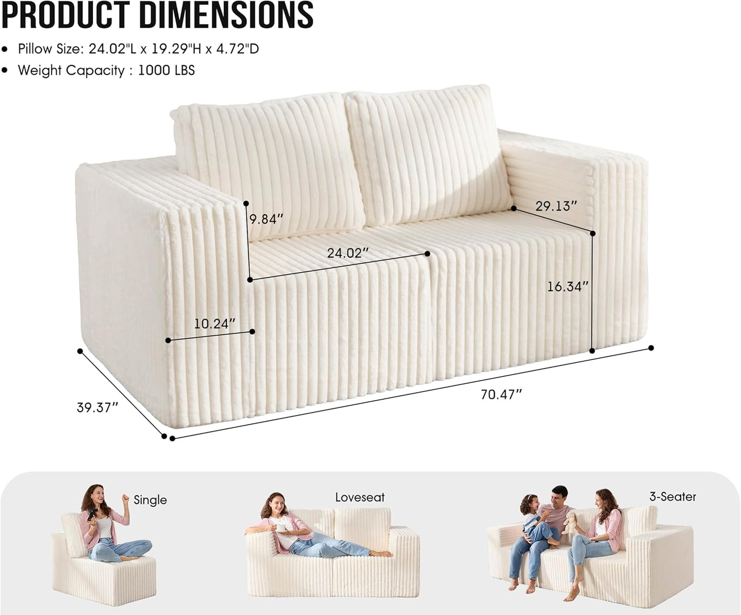 Modular Sectional Sofa 2 Seater Loveseat Modular Couch with Deep Seat Memory Foam Cloud Chair with Pillows Oversized Sectional Sofa for Living Room Bedroom (Strip White, Loveseat)