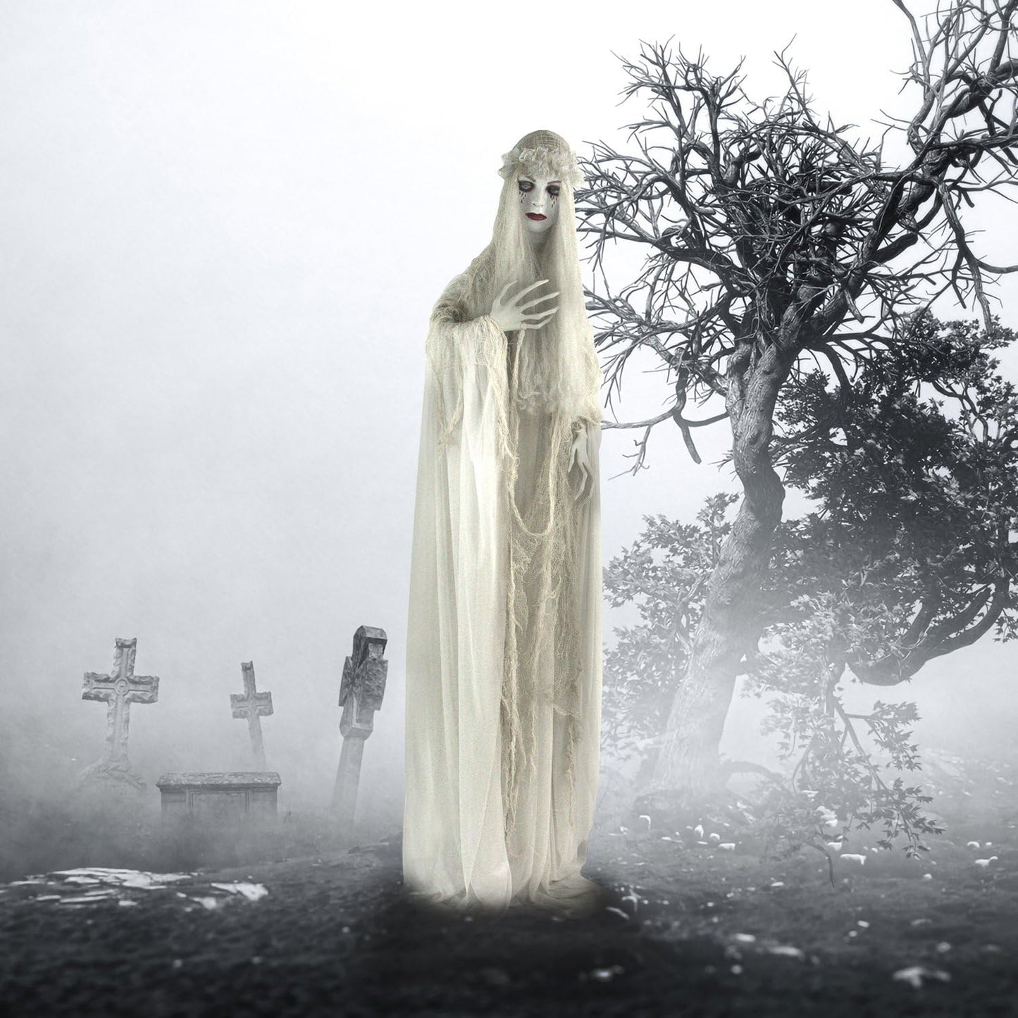 Haunted Hill Farm Life-Size Scary Ghost Bride, Halloween Animatronic with Touch Activated Lights and Sound, Battery Operated Indoor or Covered Outdoor Halloween Decorations, Creepy Halloween Prop