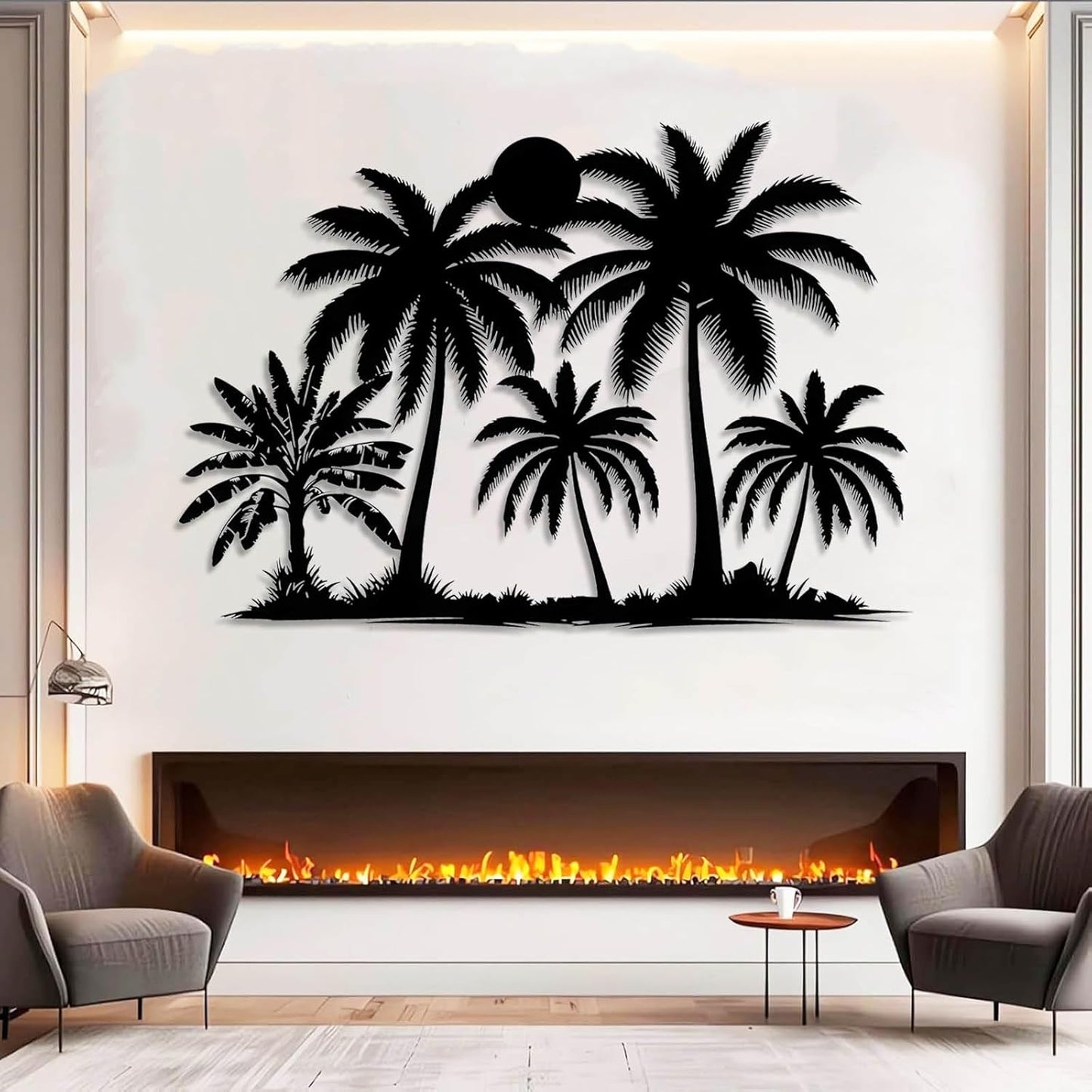 Tuglona Metal Palm Tree with Sunset Wall Decor, Tropical Palm Tree Metal Wall Art, Tropical Wall Decor, Sun Wall Art, Beach Wall Decoration, Coastal Trees Wall Hanging (Gold, 53"x37"/135x93cm)