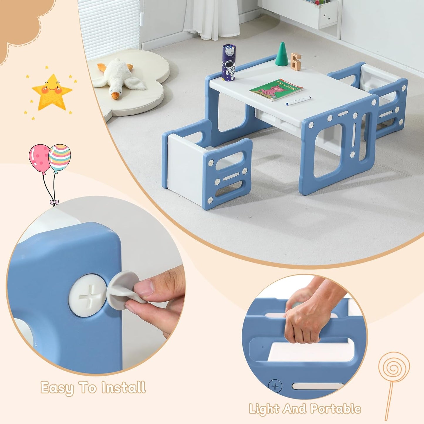 3 in 1 Montessori Weaning Table and 2 Chairs Set, Kids Activity Table Set, 2 Height Levels, Toddlers Activity Table for Drawing, Dining, Reading and Playing, Blue