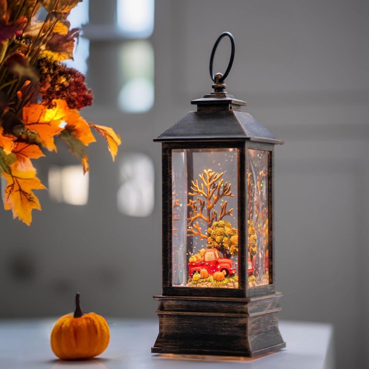 Fall Snow Globe Lantern Thanksgiving Glittering Lighted Lantern, Fall Harvest Day Decorations Gifts, Home Fall Halloween Decor (Pumpkins &Truck)