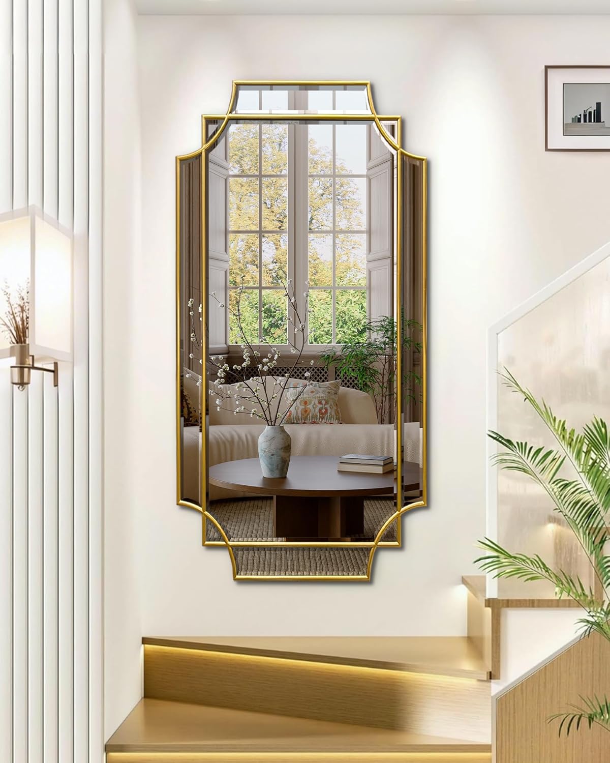 Wall Mirror Full Length, 47" x 24" Gold Framed Full Body Mirror, Scalloped Beveled Polished Decorative Mirrors, Large Rectangle Irregular Wall Mirror for Bathroom/Bedroom/Living Room/Entryway