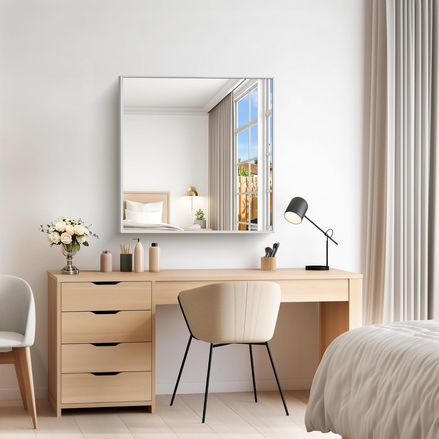 Silver Bathroom Mirror for Wall, 30x30 Inch Rectangle Mirrors with Metal Frame, Modern Vanity Wall Mirror Decor for Bathroom Living Room, Entryway Hangs Horizontal or Vertical