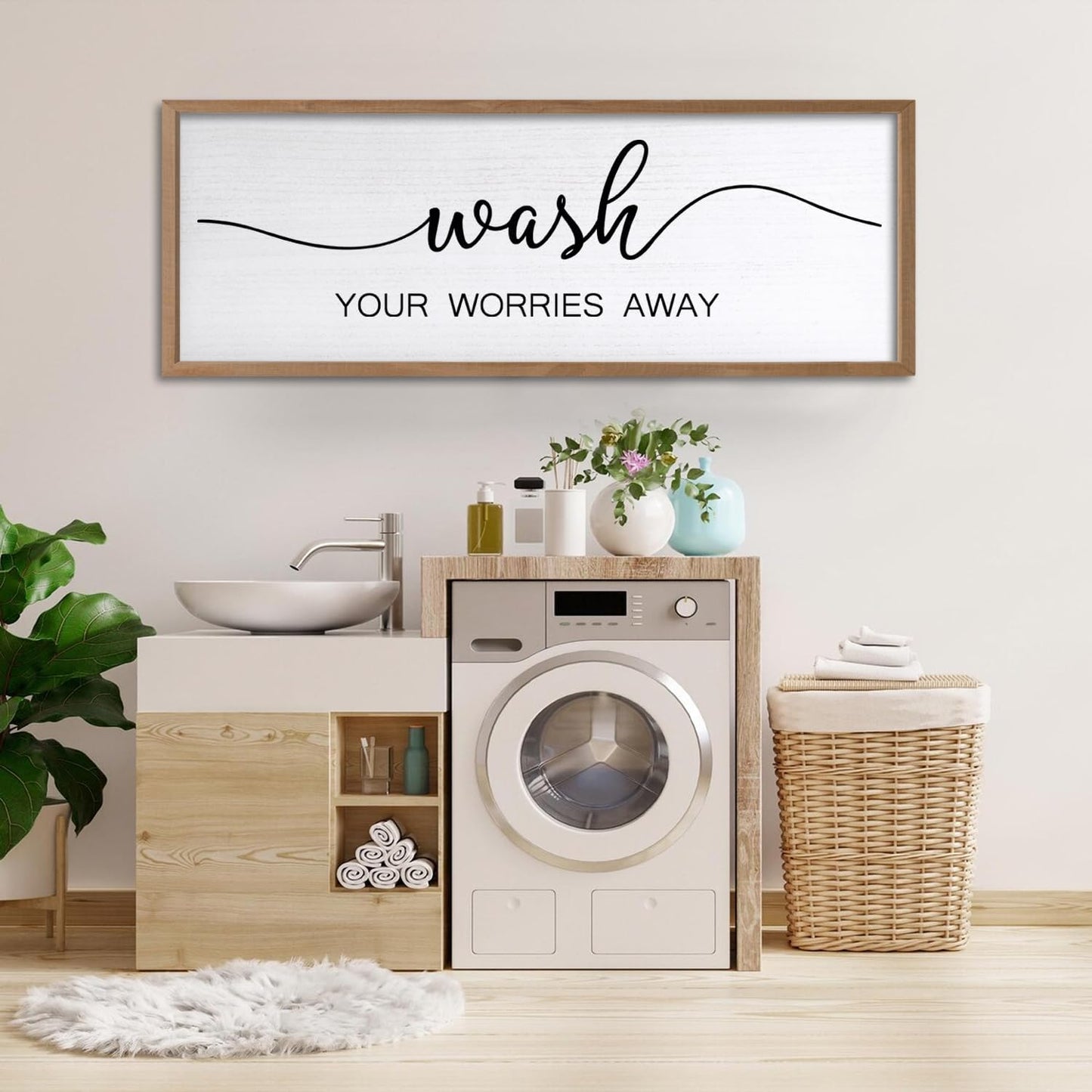 Wash Your Worries Away Wall Art Sign 32"×12" Laundry Room Large Wood Framed Restroom Toilet Wall Decor Hanging (Wood)