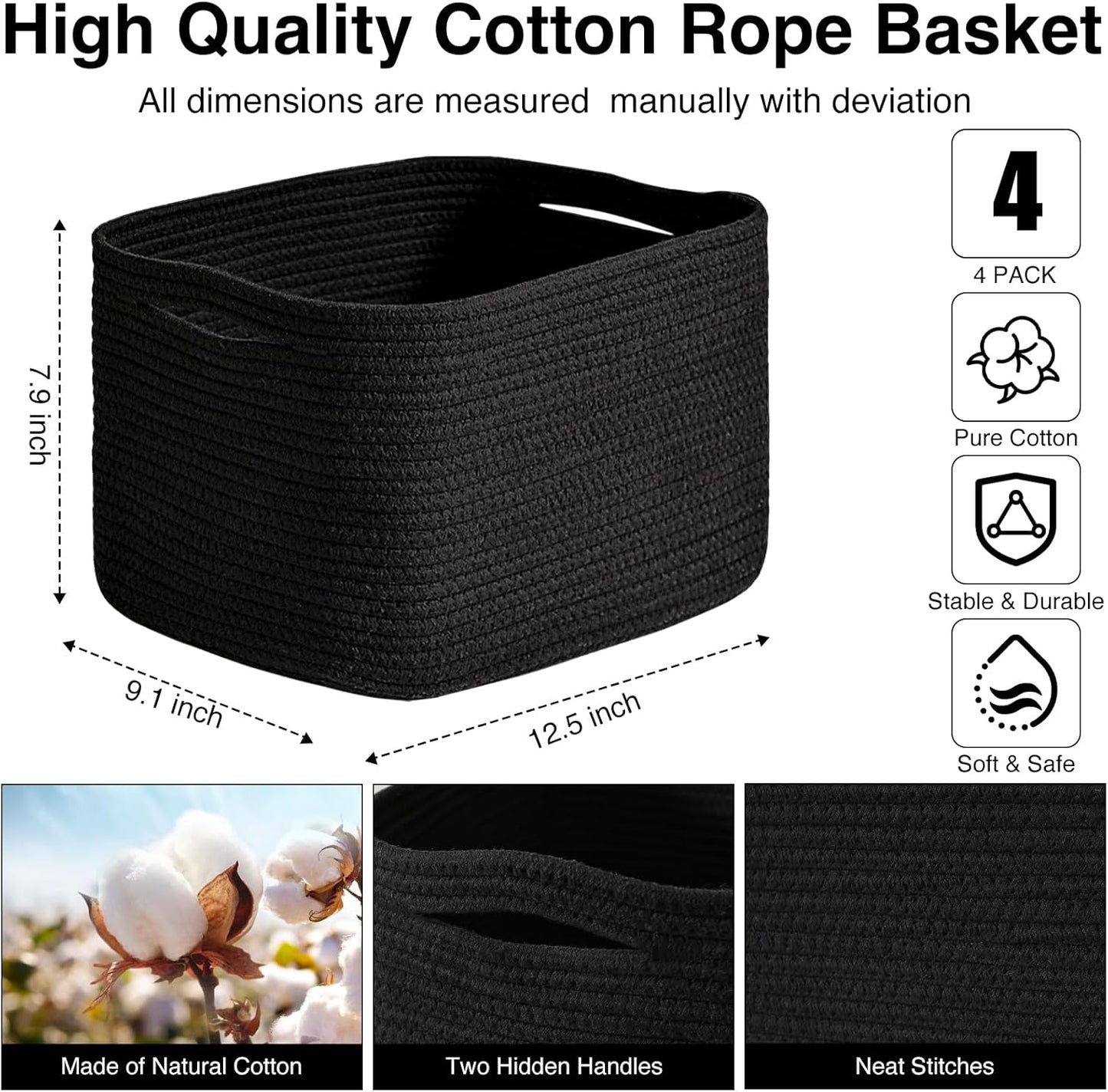 Black Storage Baskets for Shelves, Small Storage Baskets for Organizing, Woven Cotton Rope Baskets for Storage, Book Basket, Decorative Shelf Basket, 12.5"Lx9.1''Wx7.9''H (4 Packs) Black