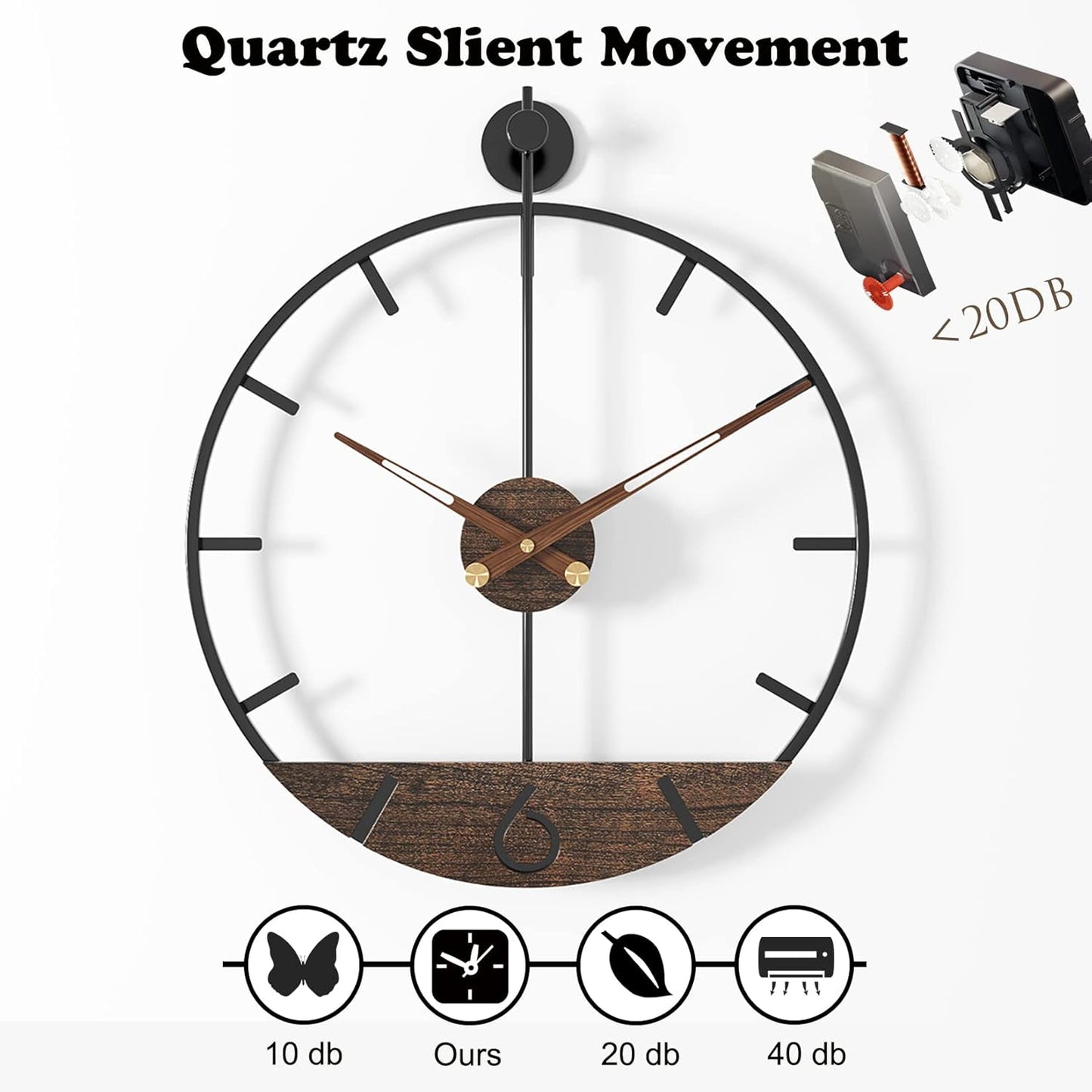 Modern Wood Walnut Dial Wall Clock, Large Simple Wall Decor Metal Frame Silent Non Ticking Clock for Living Room, Kitchen, Bedroom, Study Decoration, Handmade Home Present Idea, 29.5 in