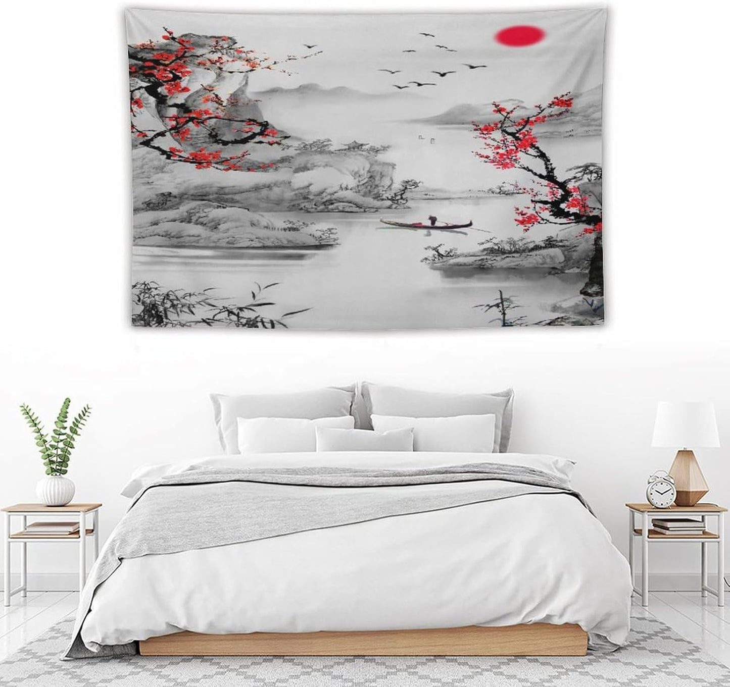 Cherry Blossoms Tapestry, Japanese Red Landscape Watercolor Abstract Art, Asian Japanese Wall Tapestry, Nature Landscape Tapestries for Bedroom Living Room Decor 90"x60"