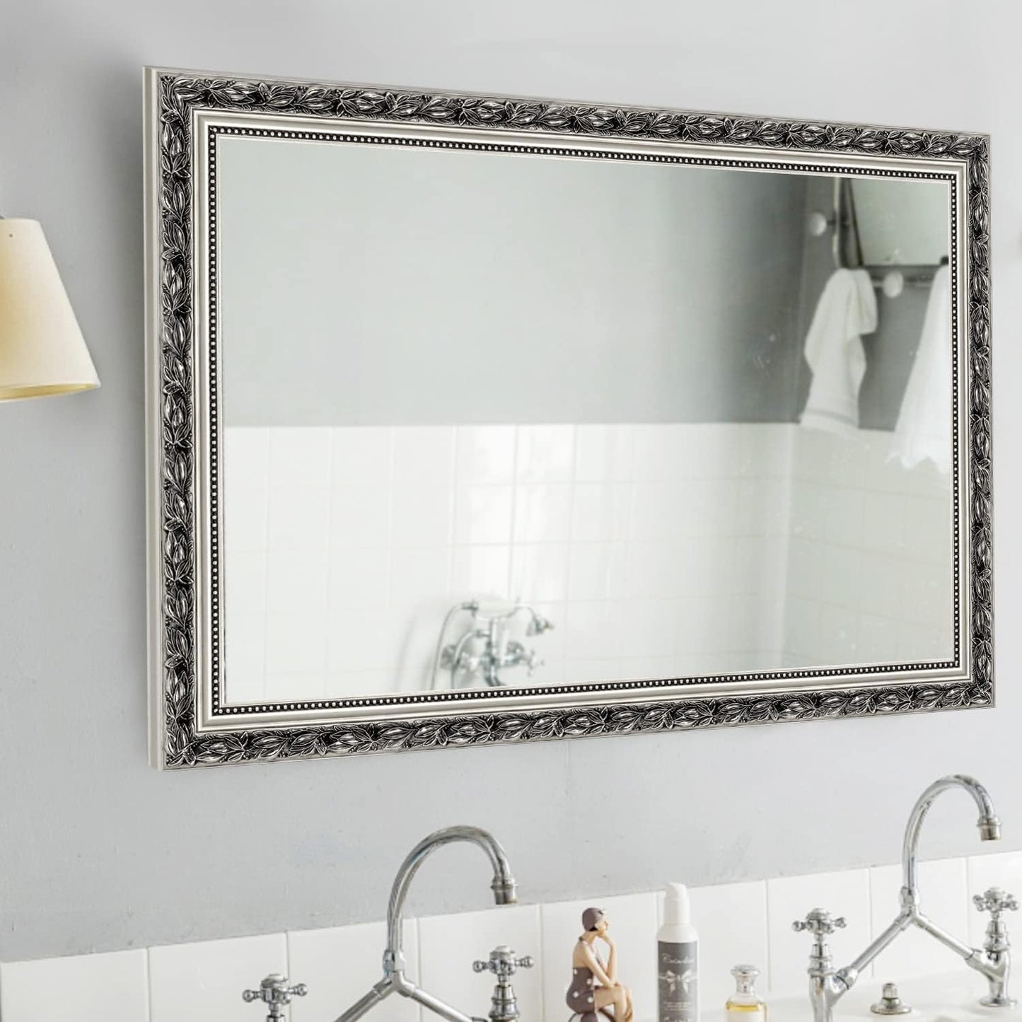 Bathroom Wall Mirror, Decorate Bathroom Mirrors for Wall, Rectangle Modern Bathroom Wall Mounted Mirror Vertical or Horizontal Hanging for Living Room (Silver Frame 32''x24'')