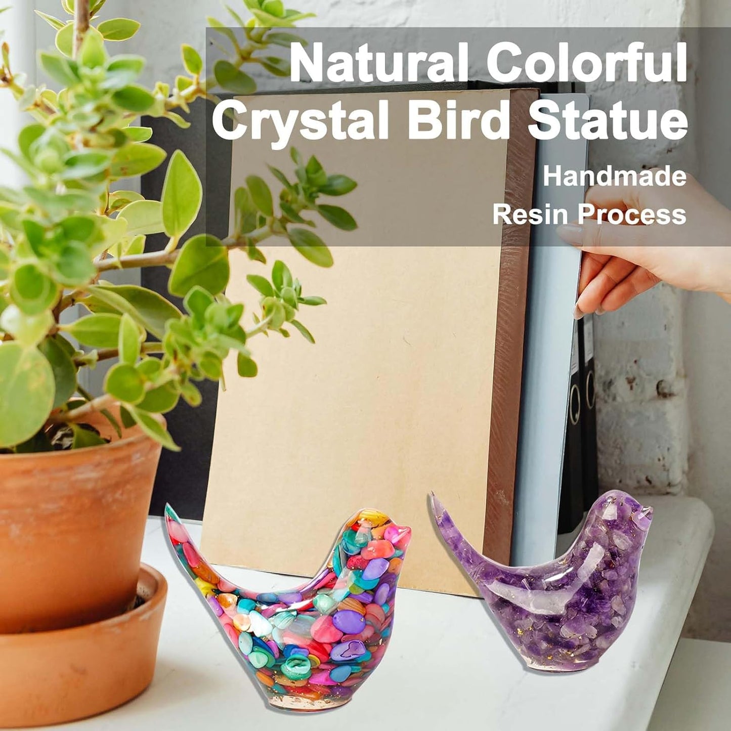 Crystal Bird Figurines, Resin Animal Statues, Miniature Decorative Gravel Birds, Home Decor (2PCS-Purple+Colorful)