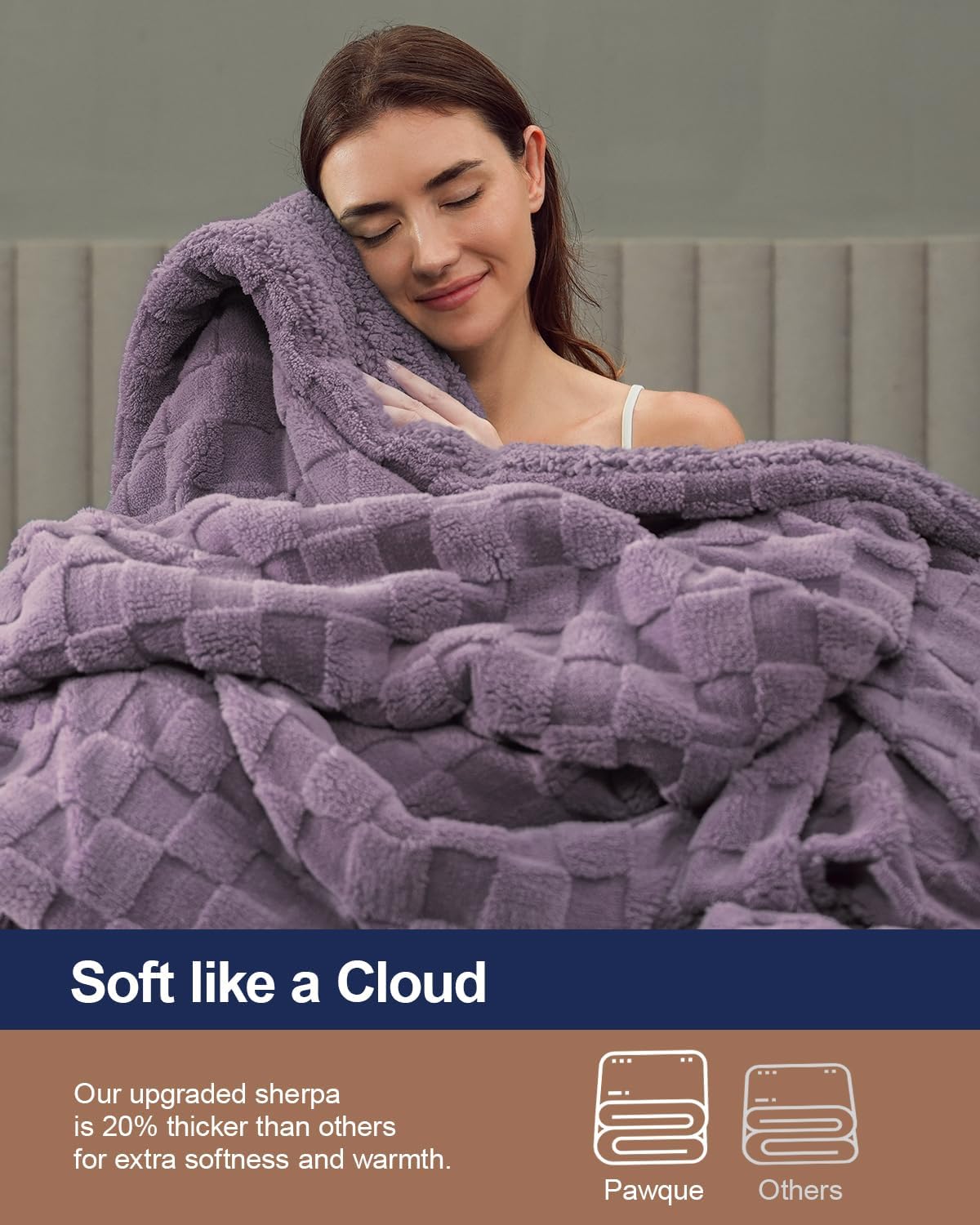 Pawque Super Soft Cozy Throw Blanket Twin Size for Couch Bed, Fluffy Sherpa Fleece Reversible Thick Warm Fuzzy Blanket for All-Season, 3D Checkered Jacquard Decorative Blankets, Purple, 60" x 80"