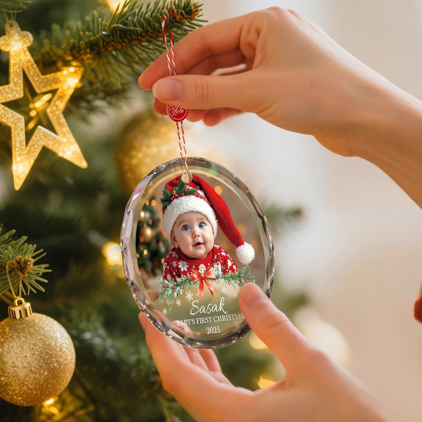 Bemaystar Personalized Babys First Christmas Ornament 2025 Girl Boy - 1st Christmas Ornament 2025 with Photo Text, Personalized Christmas Ornaments for Baby, Xmas Gifts, Newborn Gifts for New Mom Dad