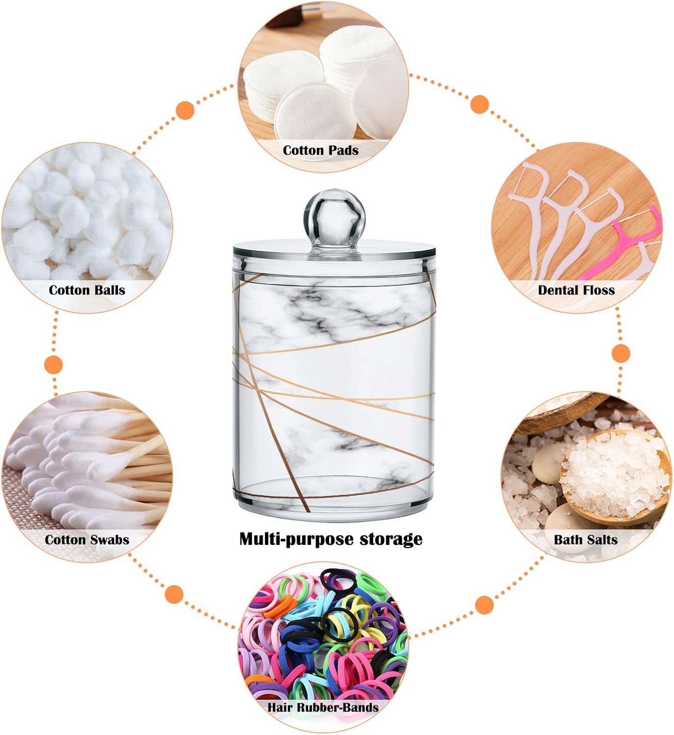 2 Pack Qtip Holder Dispenser White Marble Gold Line Bathroom Storage Canister Lid Acrylic Plastic Apothecary Jar Set Vanity Makeup Organizer for Cotton Swabs/Pads/Floss